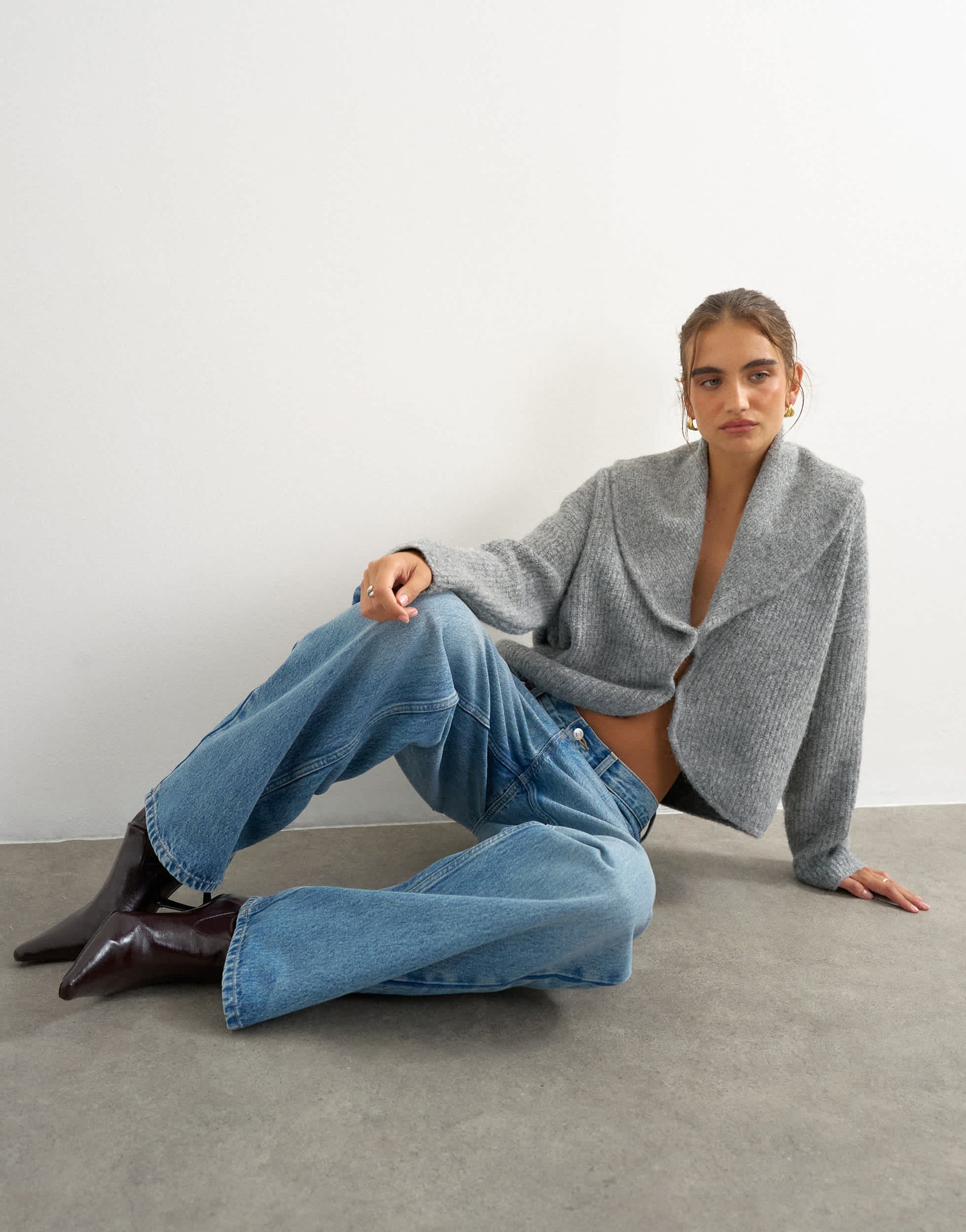 Topshop knitted shawl collared cardigan in smoke