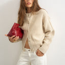 Topshop knitted boxy deep rib cardigan in latte