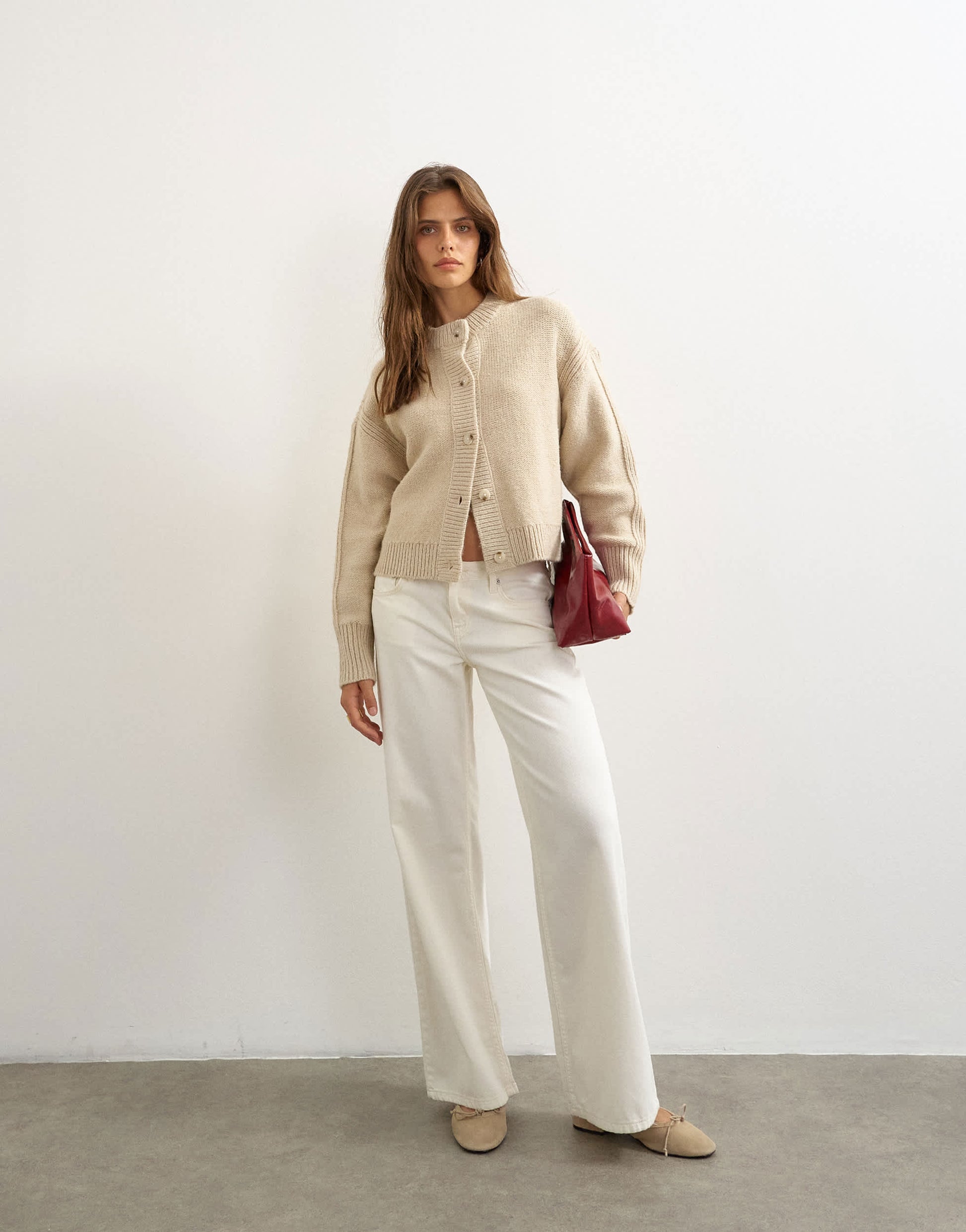 Topshop knitted boxy deep rib cardigan in latte