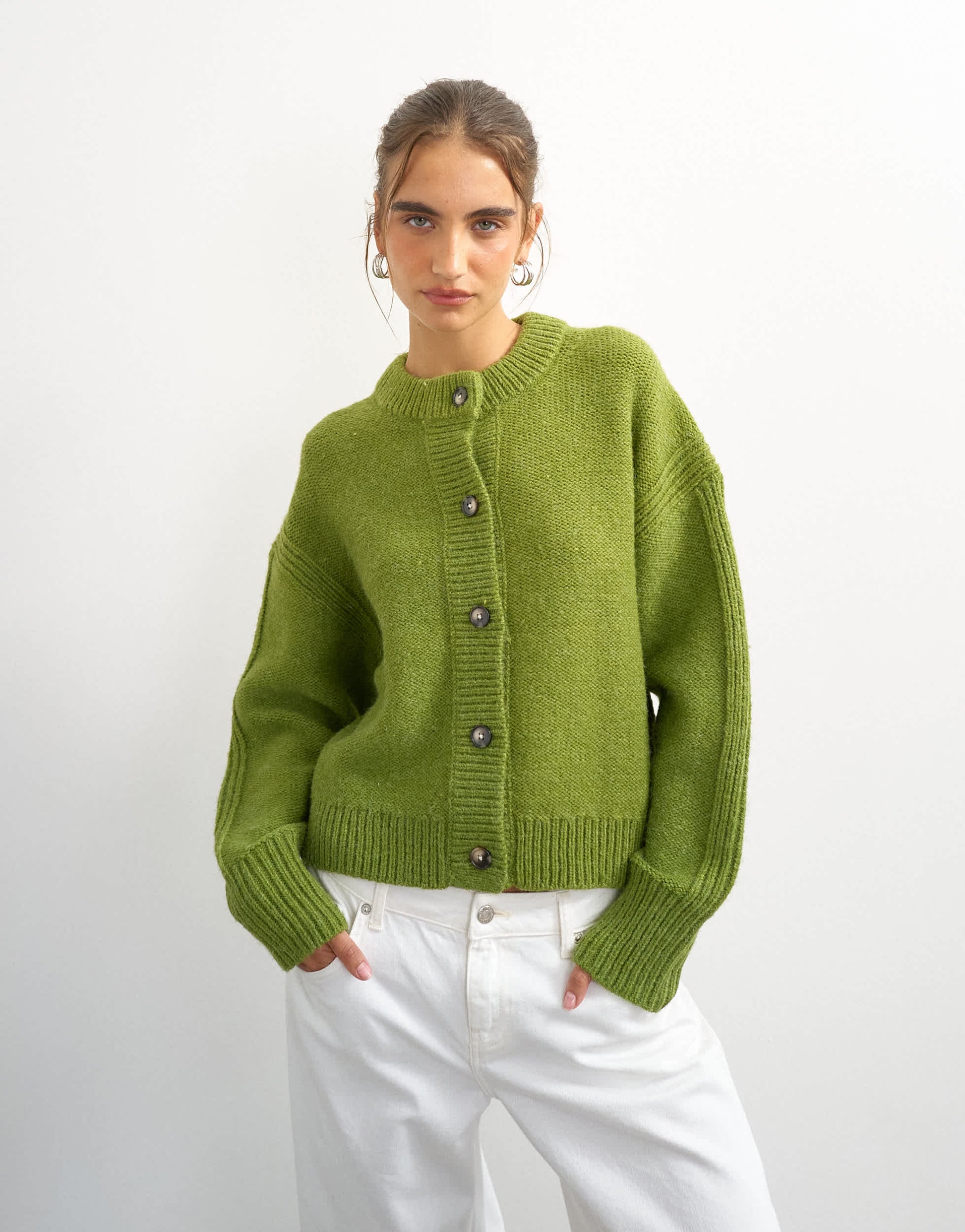 Topshop knitted boxy pointelle deep rib cardigan in green