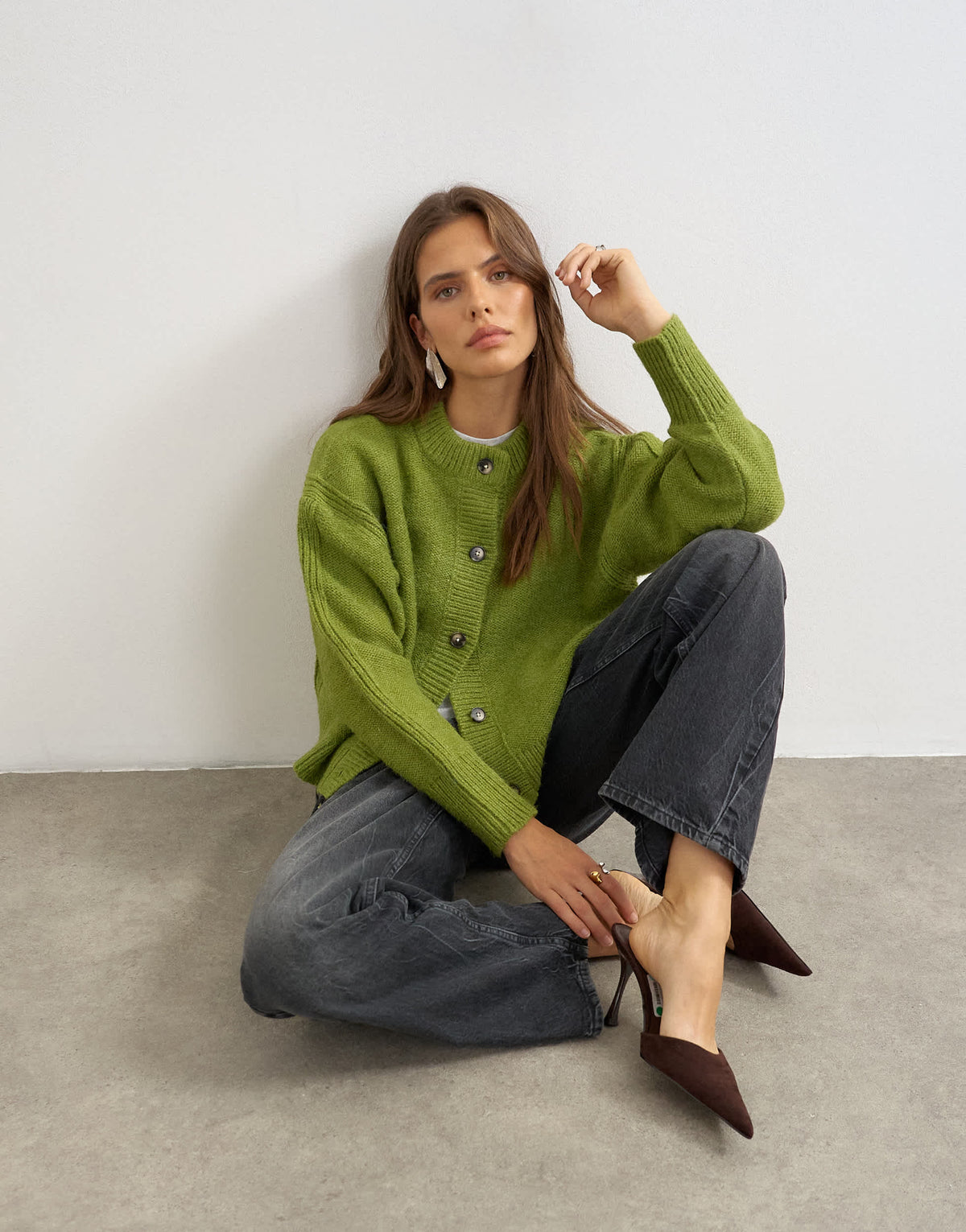 Topshop knitted boxy deep rib cardigan in green