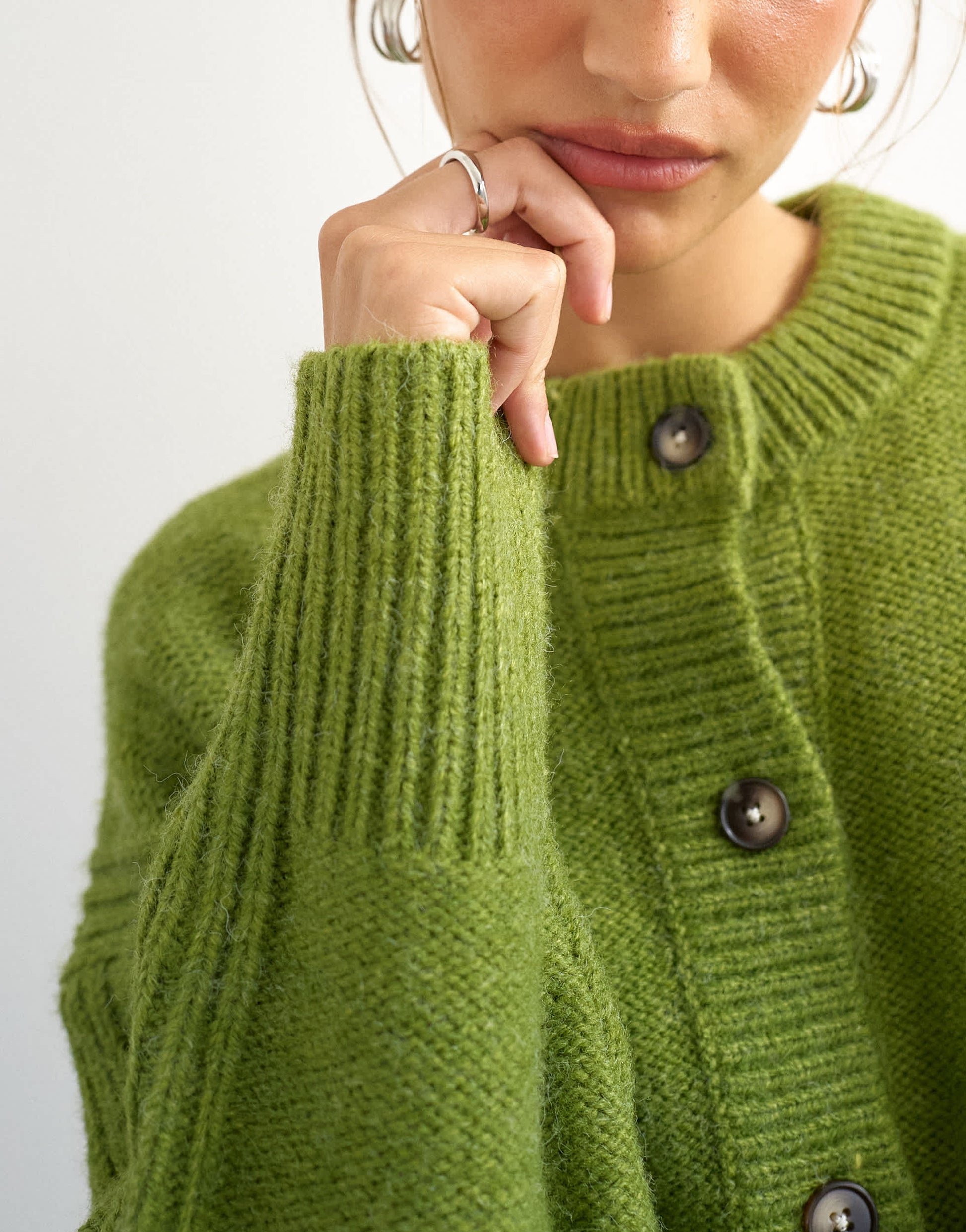 Topshop knitted boxy pointelle deep rib cardigan in green