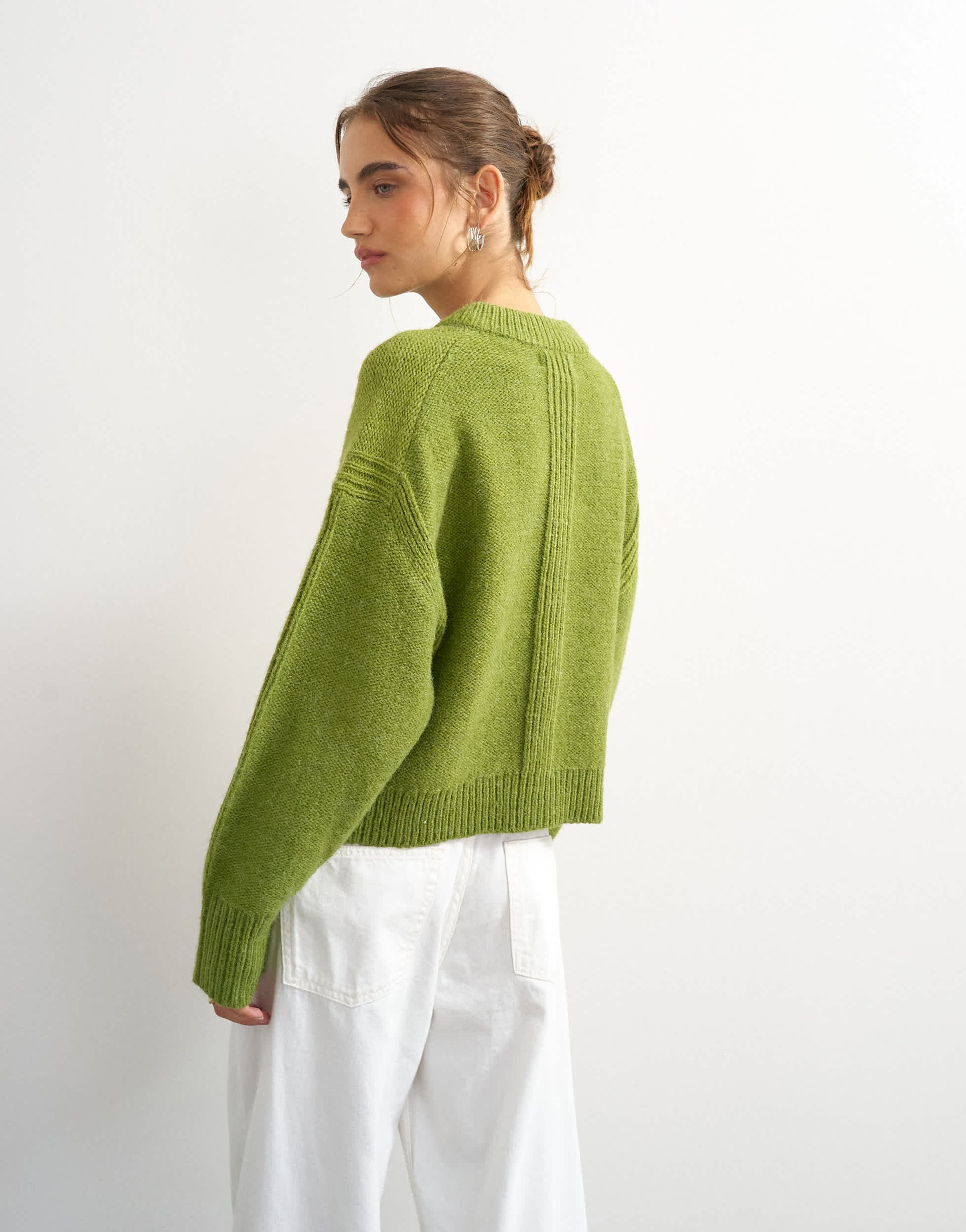 Topshop knitted boxy pointelle deep rib cardigan in green
