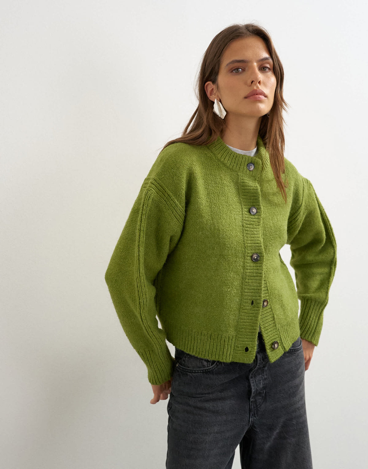 Topshop knitted boxy deep rib cardigan in green