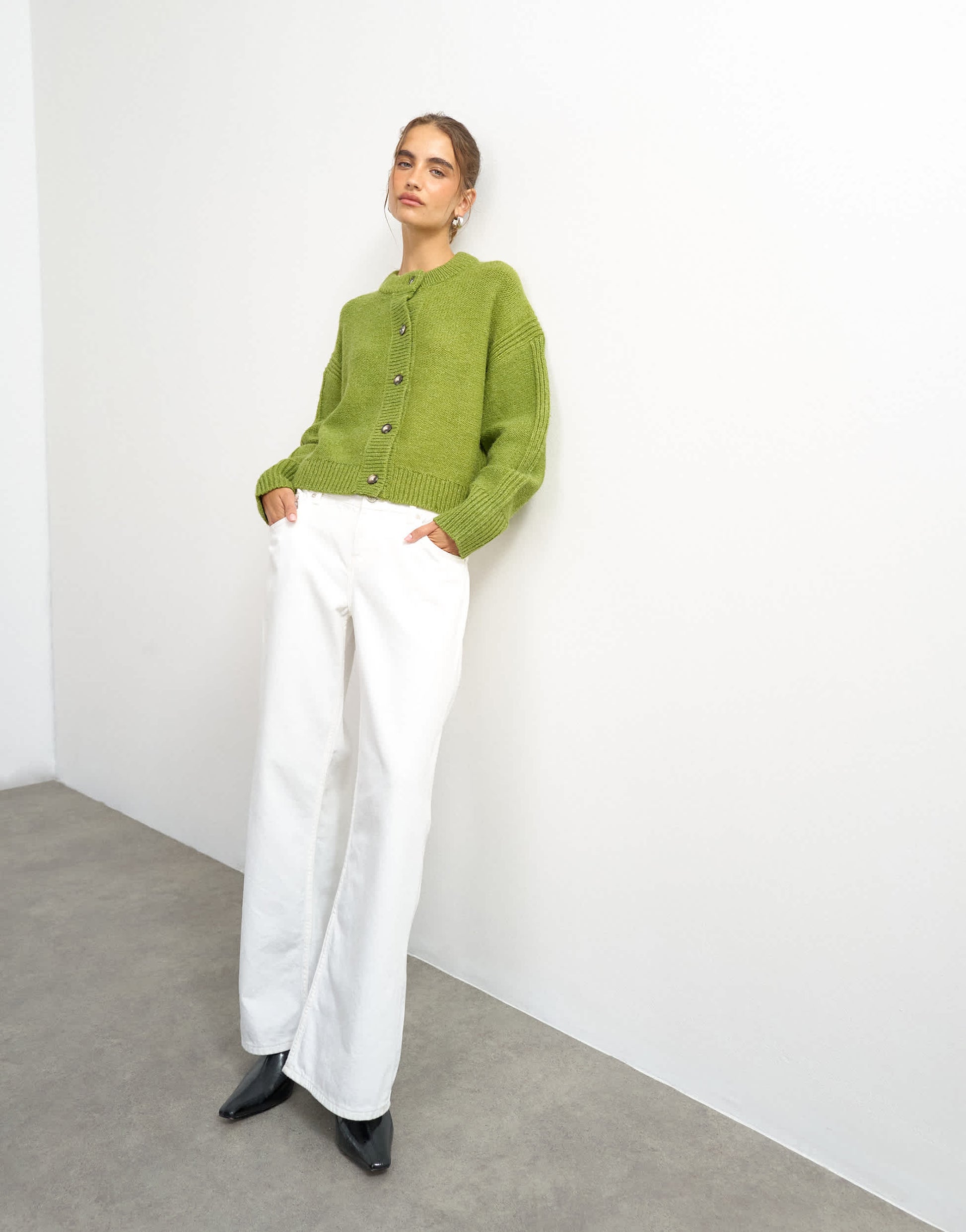 Topshop knitted boxy deep rib cardigan in green
