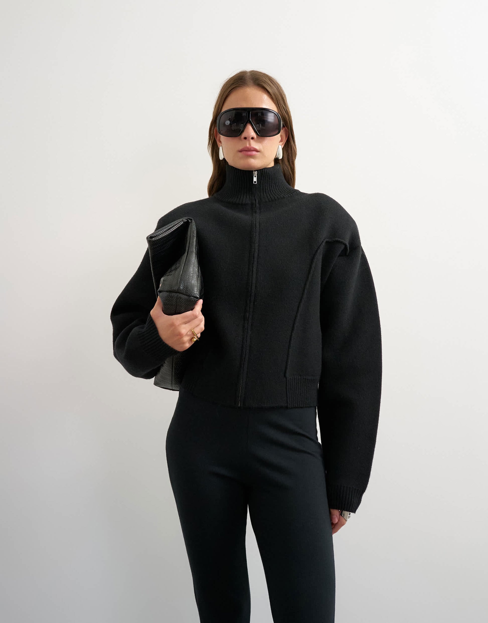 Topshop knitted shoulder padded seam detail jacket in black