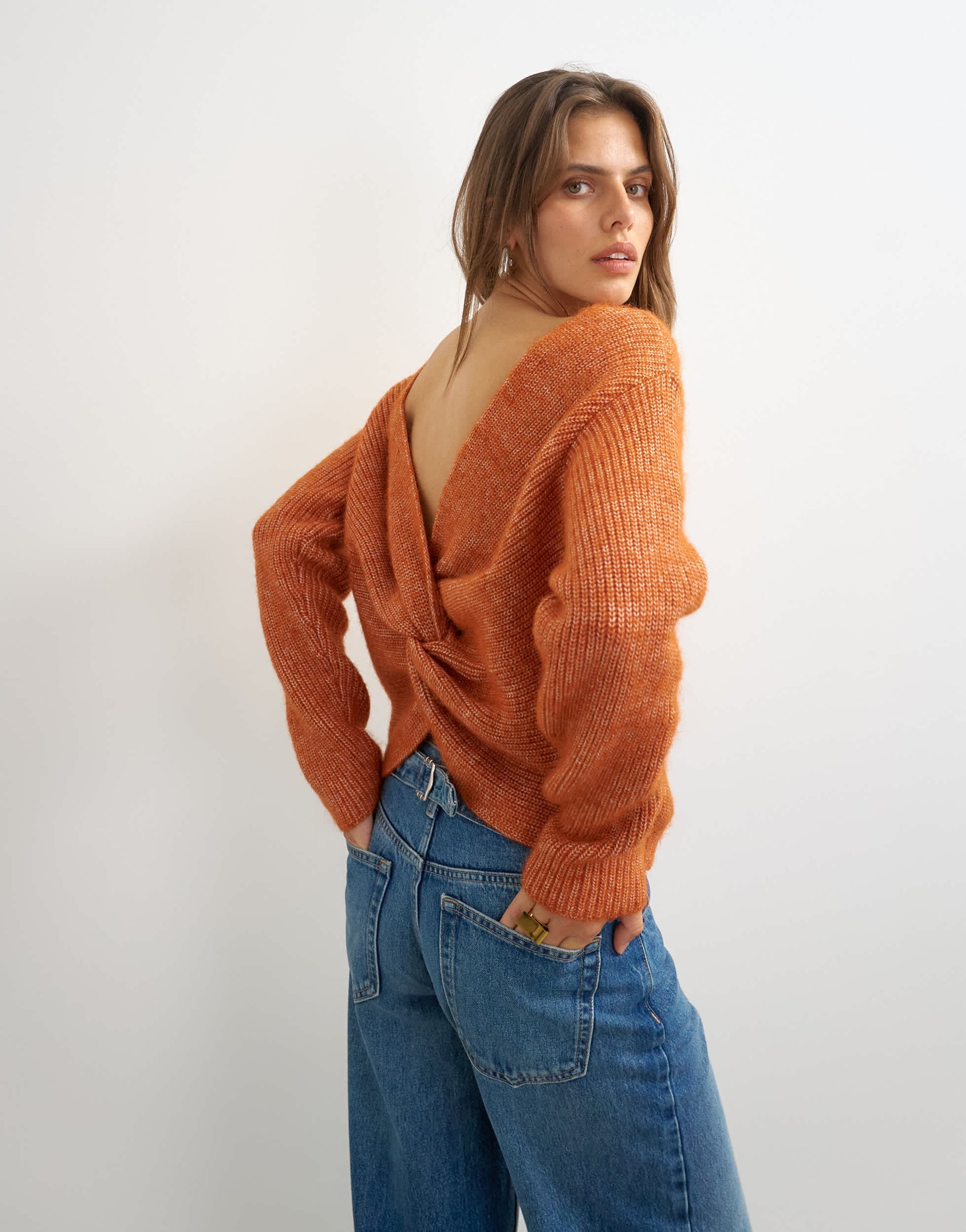 Topshop knitted knot back detail jumper with wool in terracotta
