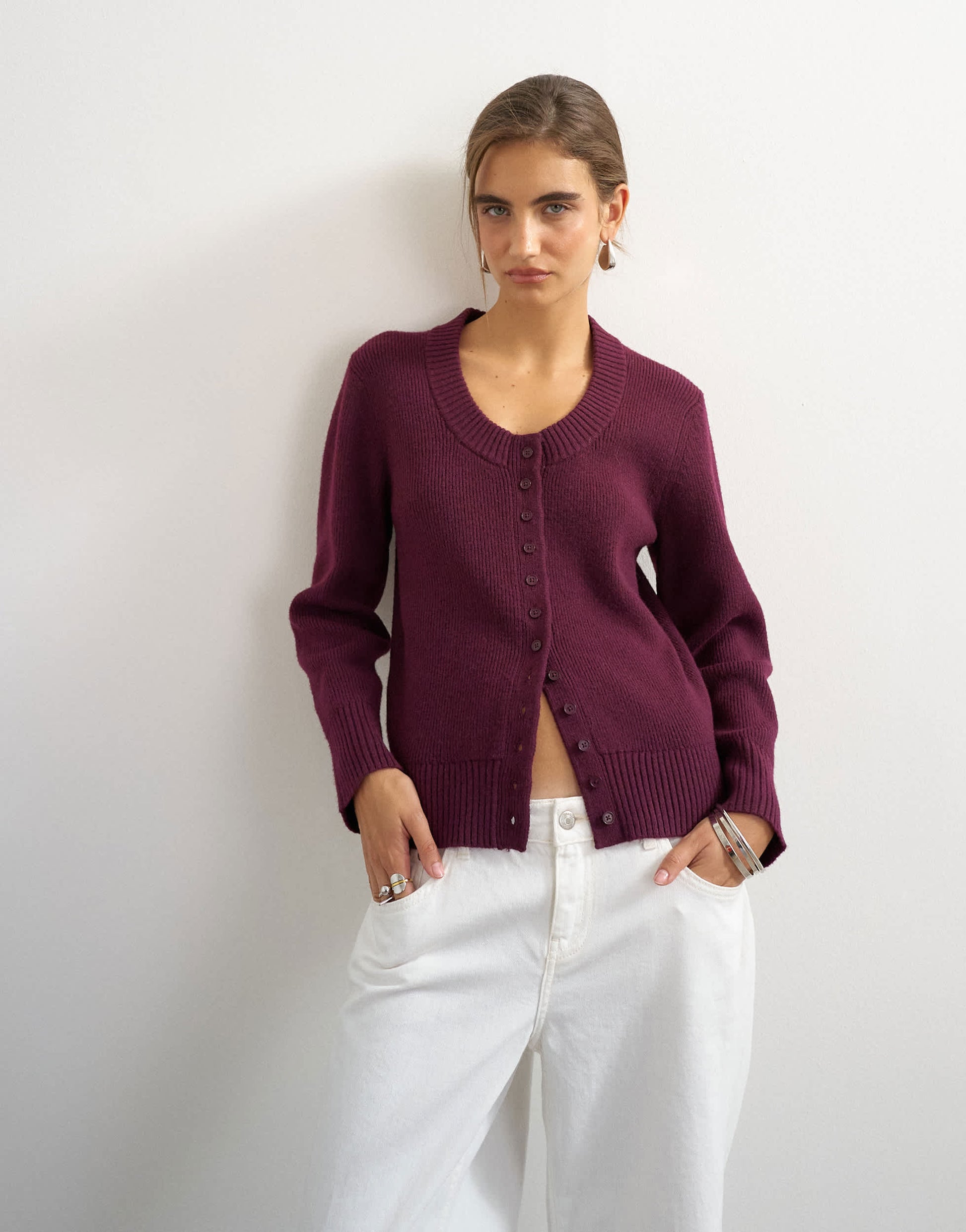 Topshop knitted scoop neck cardigan in mulberry