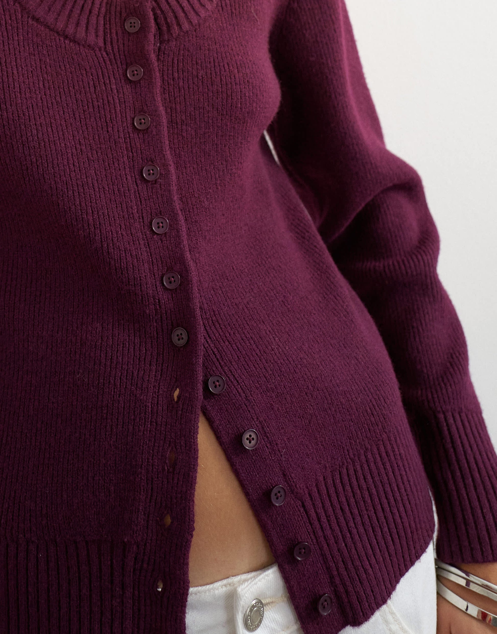 Topshop knitted scoop neck cardigan in mulberry