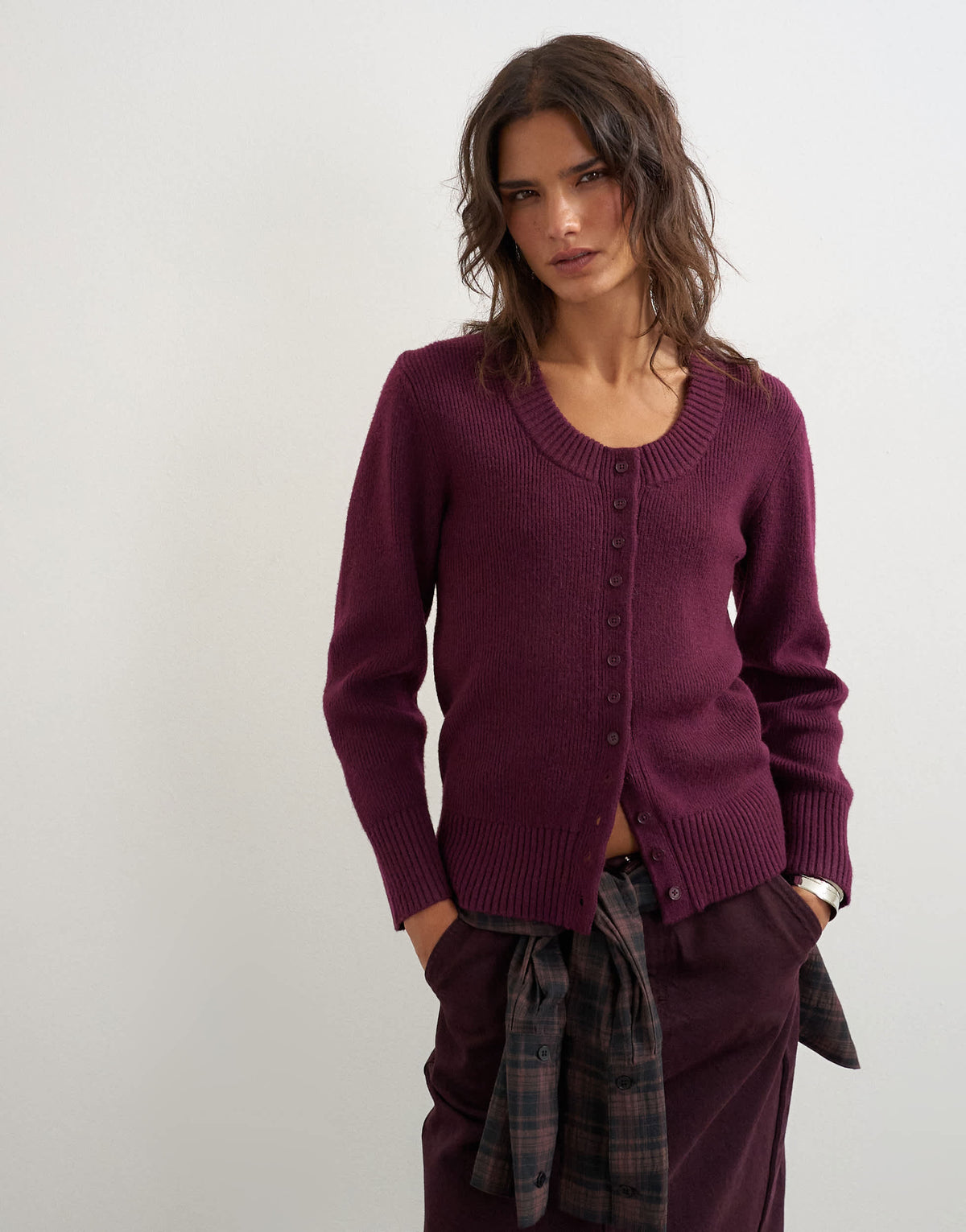 Topshop knitted scoop neck cardigan in mulberry