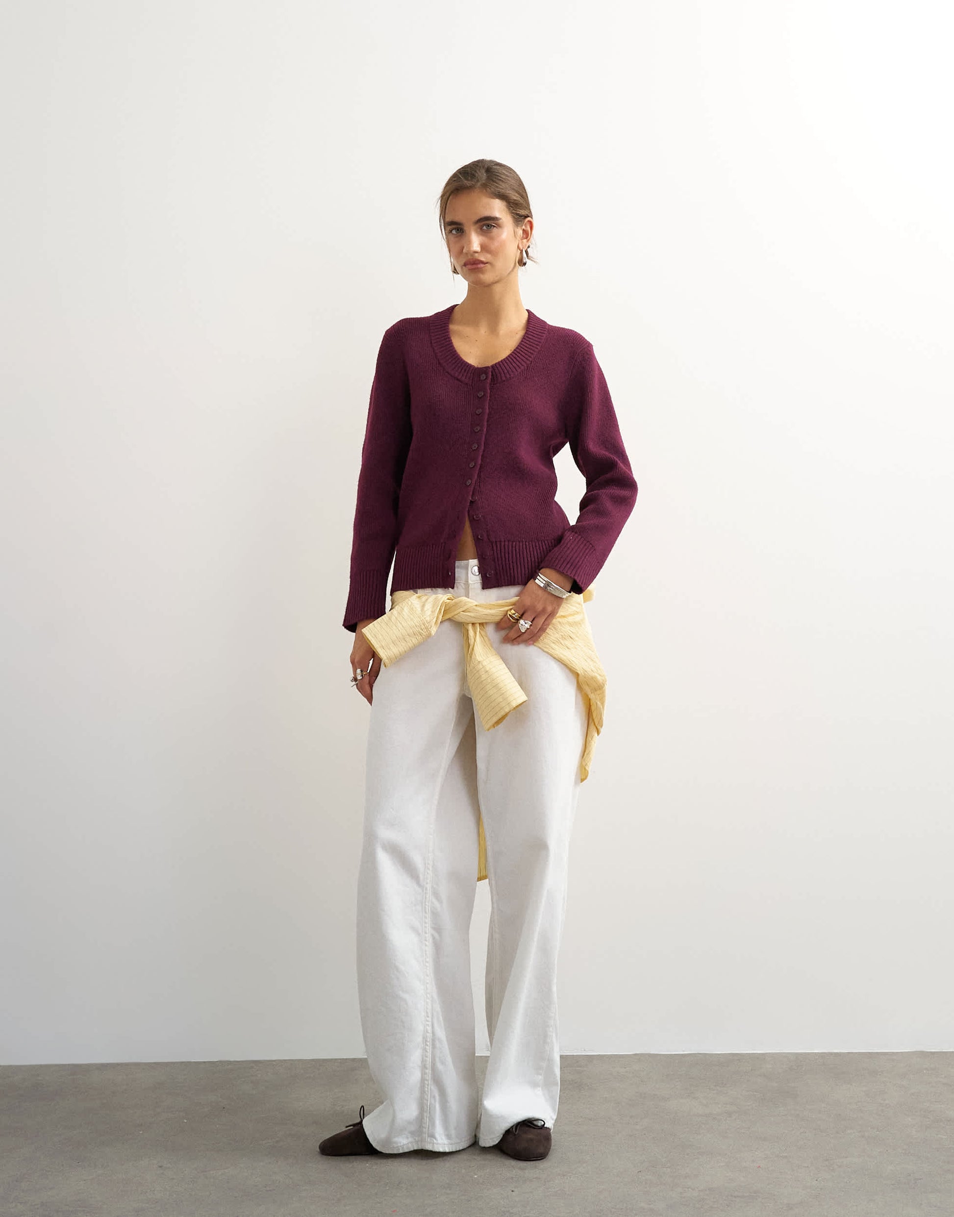 Topshop knitted scoop neck cardigan in mulberry