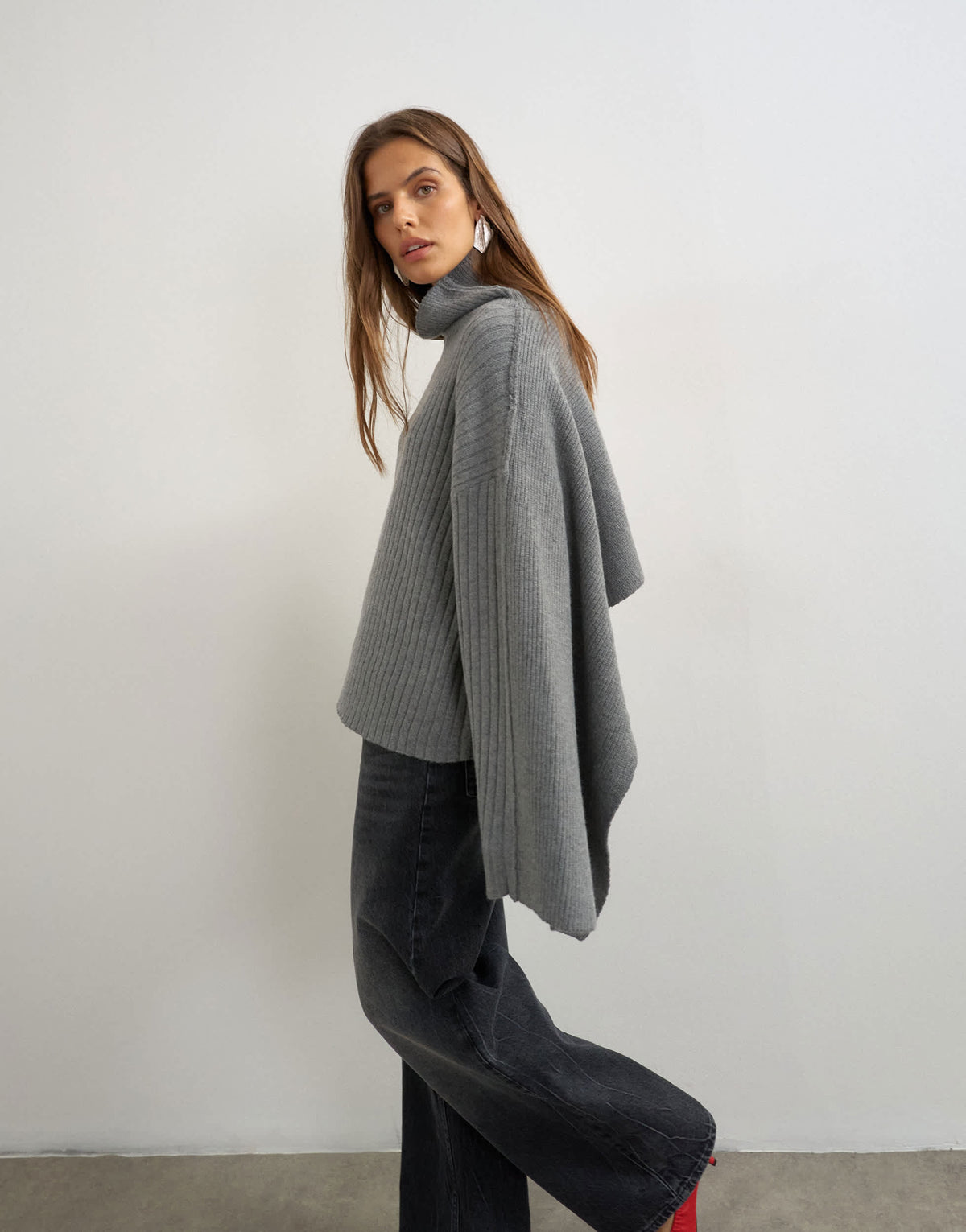 Topshop knitted ribbed oversized cape detail jumper in coal