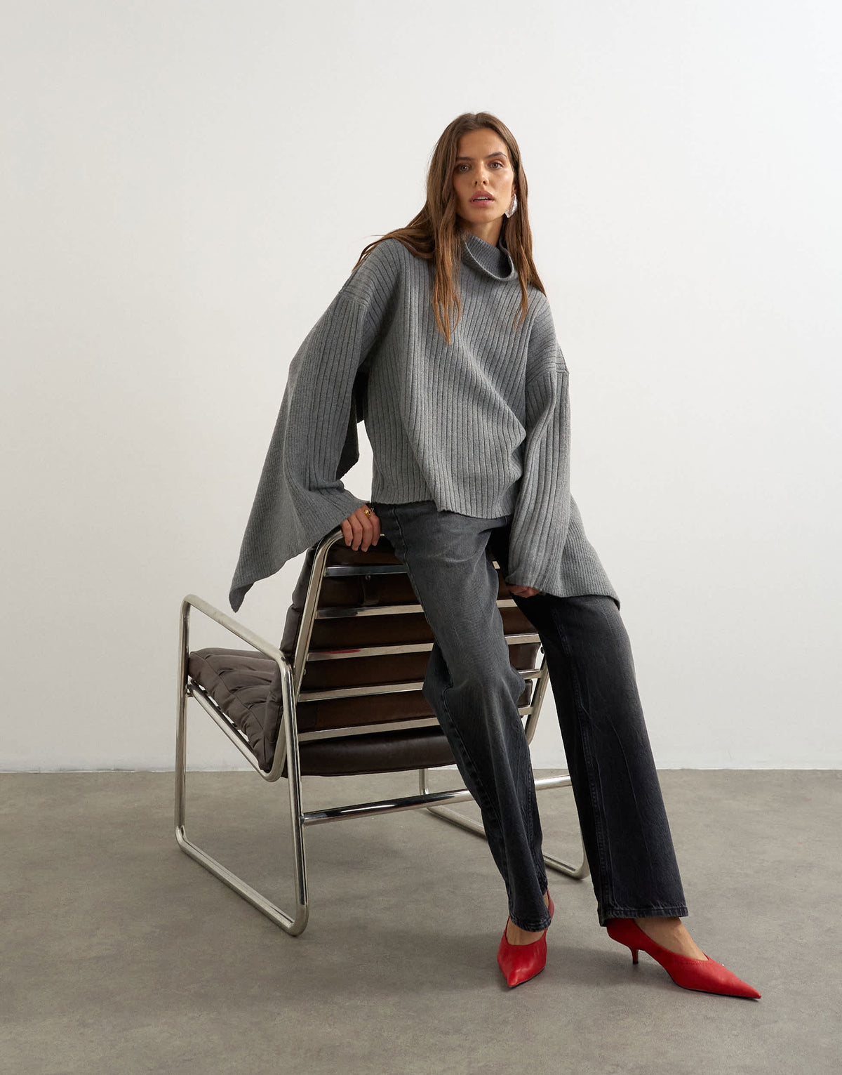 Topshop knitted ribbed oversized cape detail jumper in coal