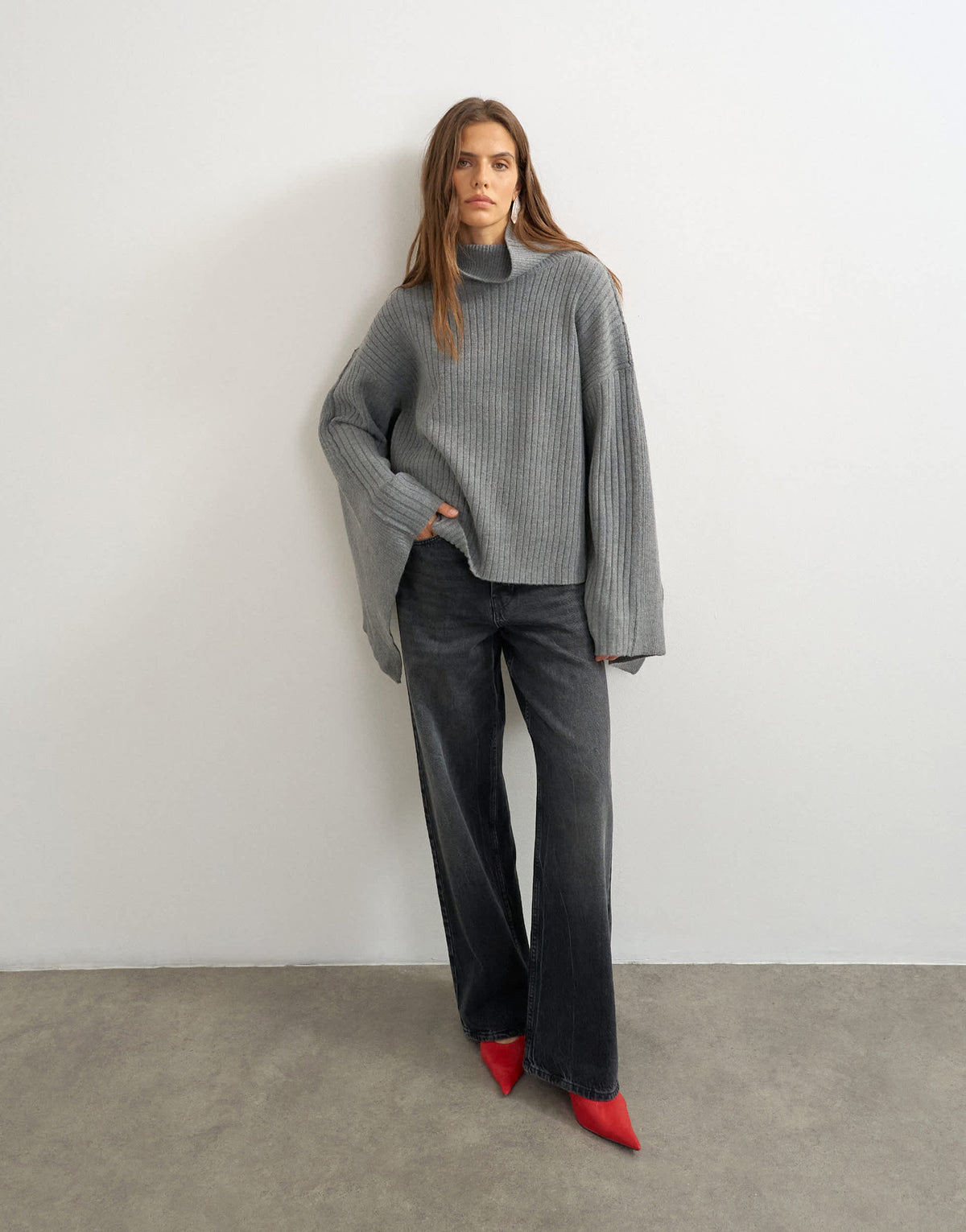 Topshop knitted ribbed oversized cape detail jumper in coal