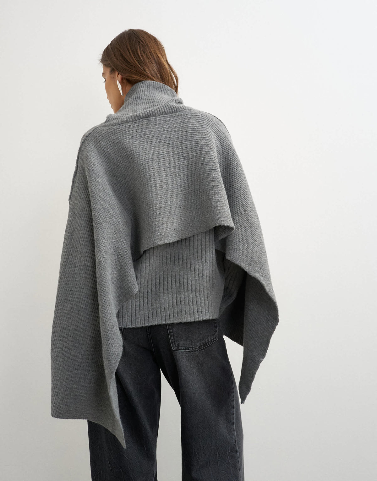 Topshop knitted ribbed oversized cape detail jumper in coal