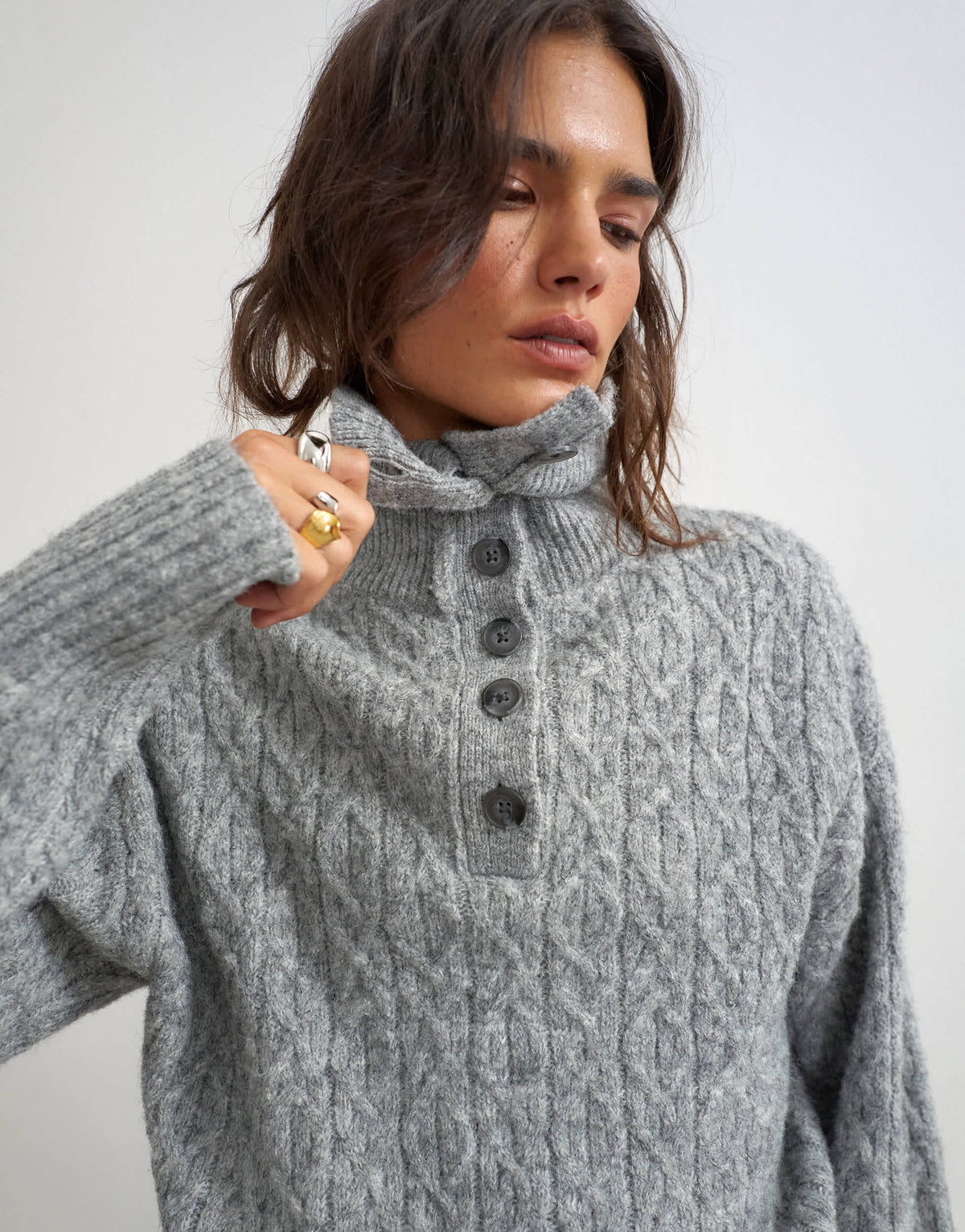 Topshop knitted cable stitch funnel neck jumper in grey