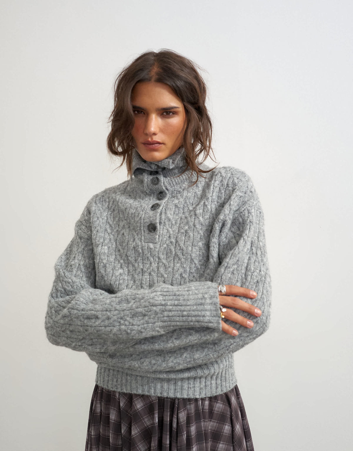 Topshop knitted cable stitch funnel neck jumper in grey
