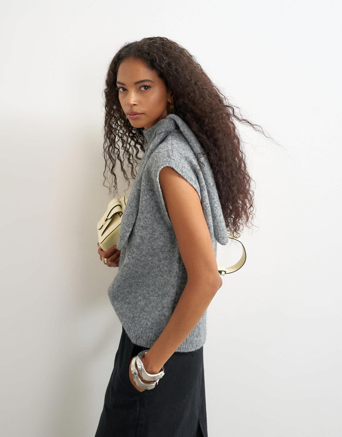 Topshop knitted tie neck top in grey