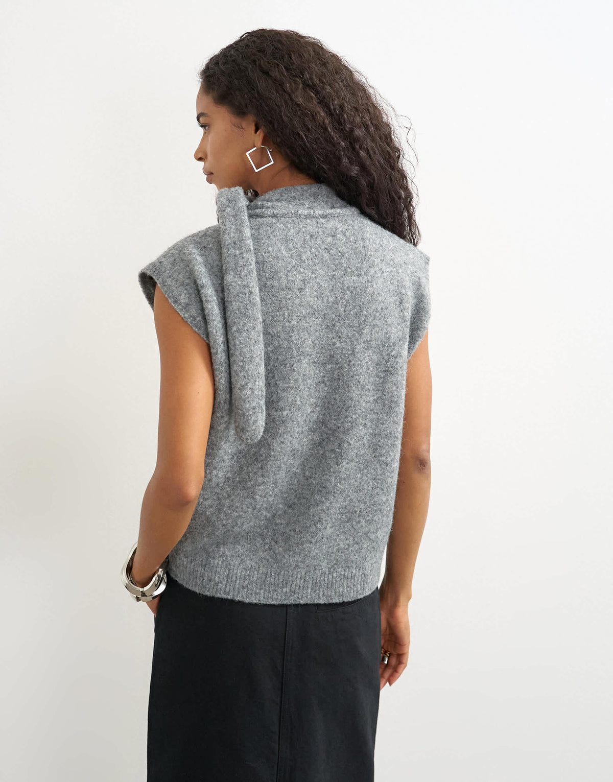 Topshop knitted tie neck top in grey