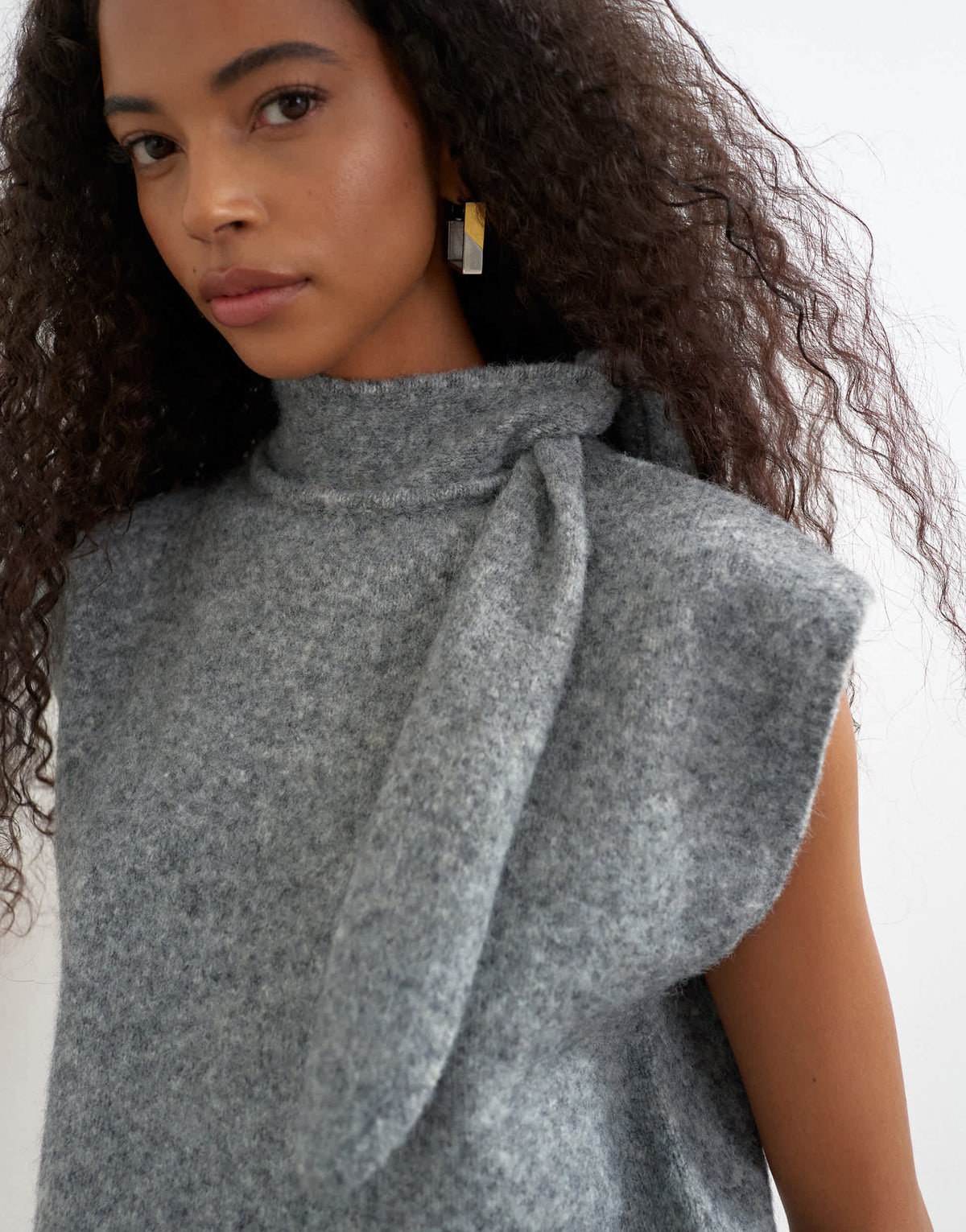 Topshop knitted tie neck top in grey