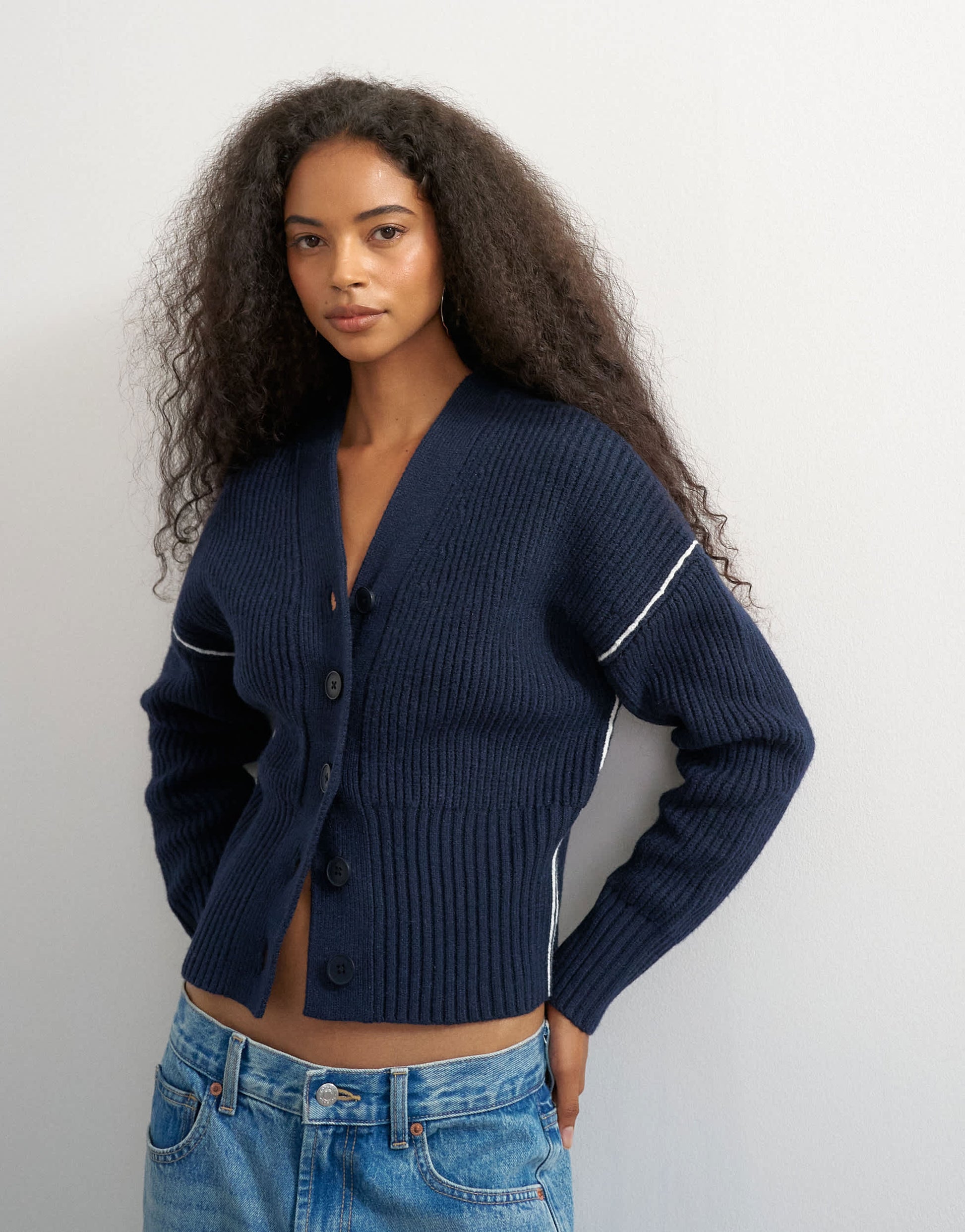 Topshop knitted v neck button front cardigan in midnight