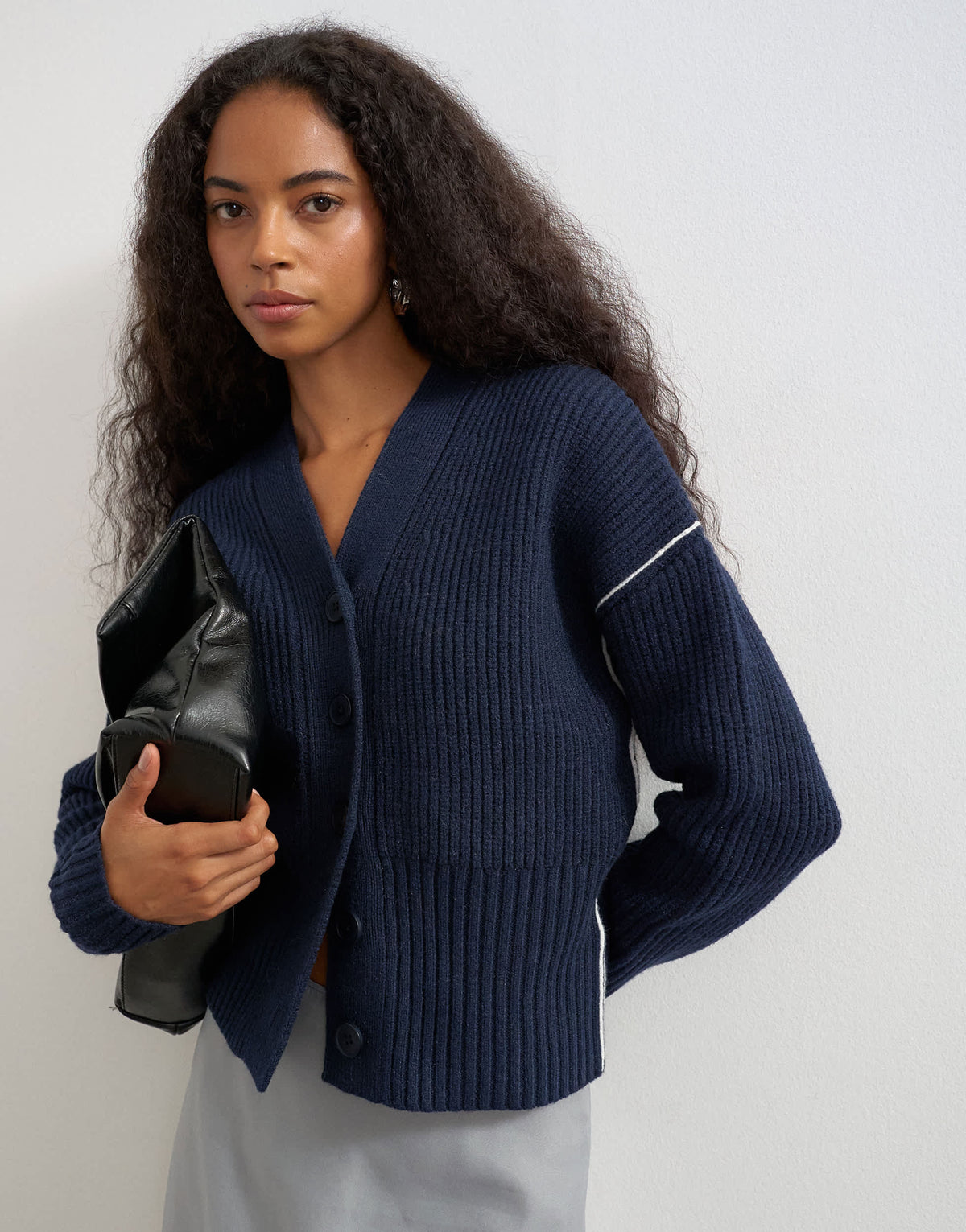 Topshop knitted v neck button front cardigan in midnight