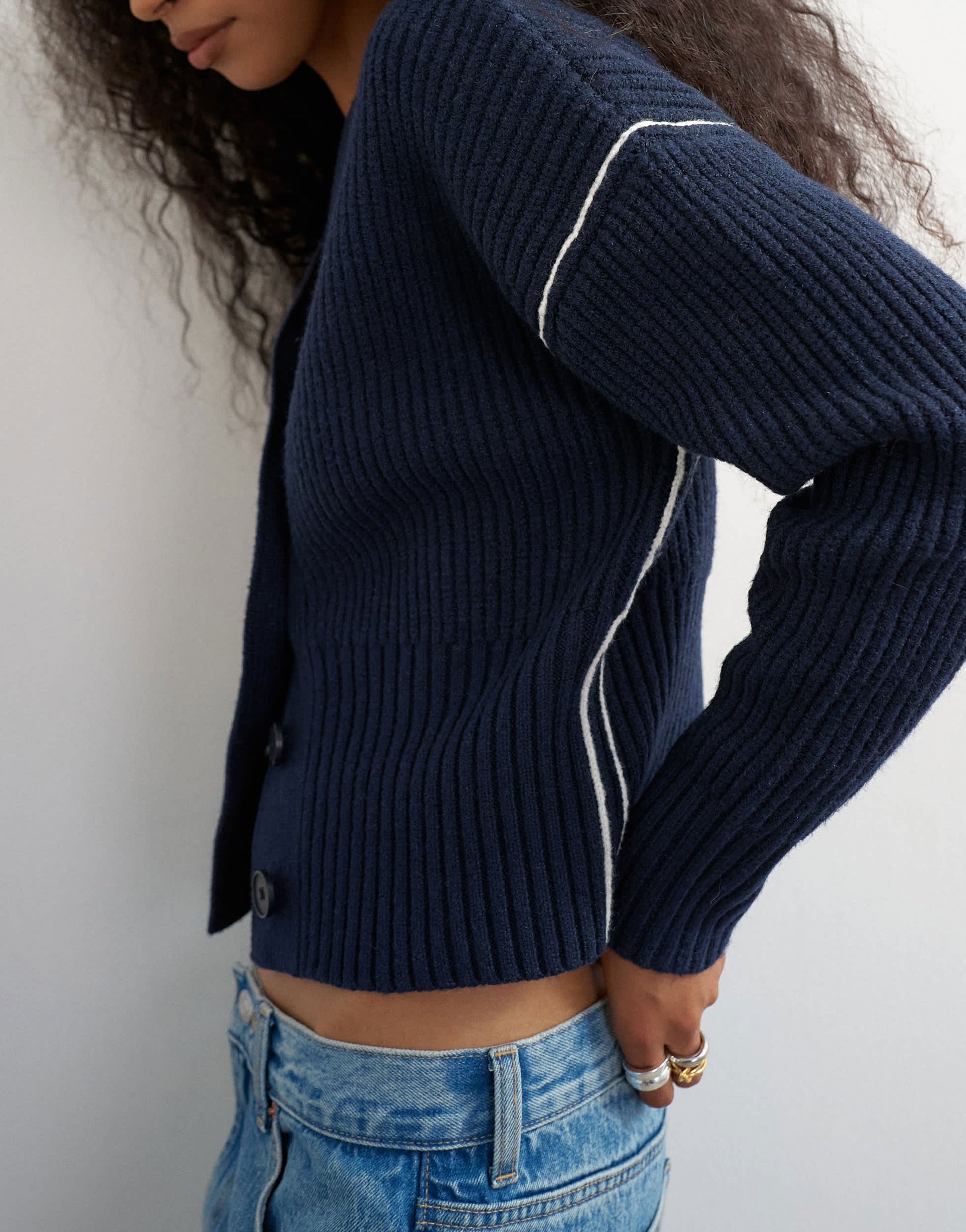 Topshop knitted v neck button front cardigan in midnight