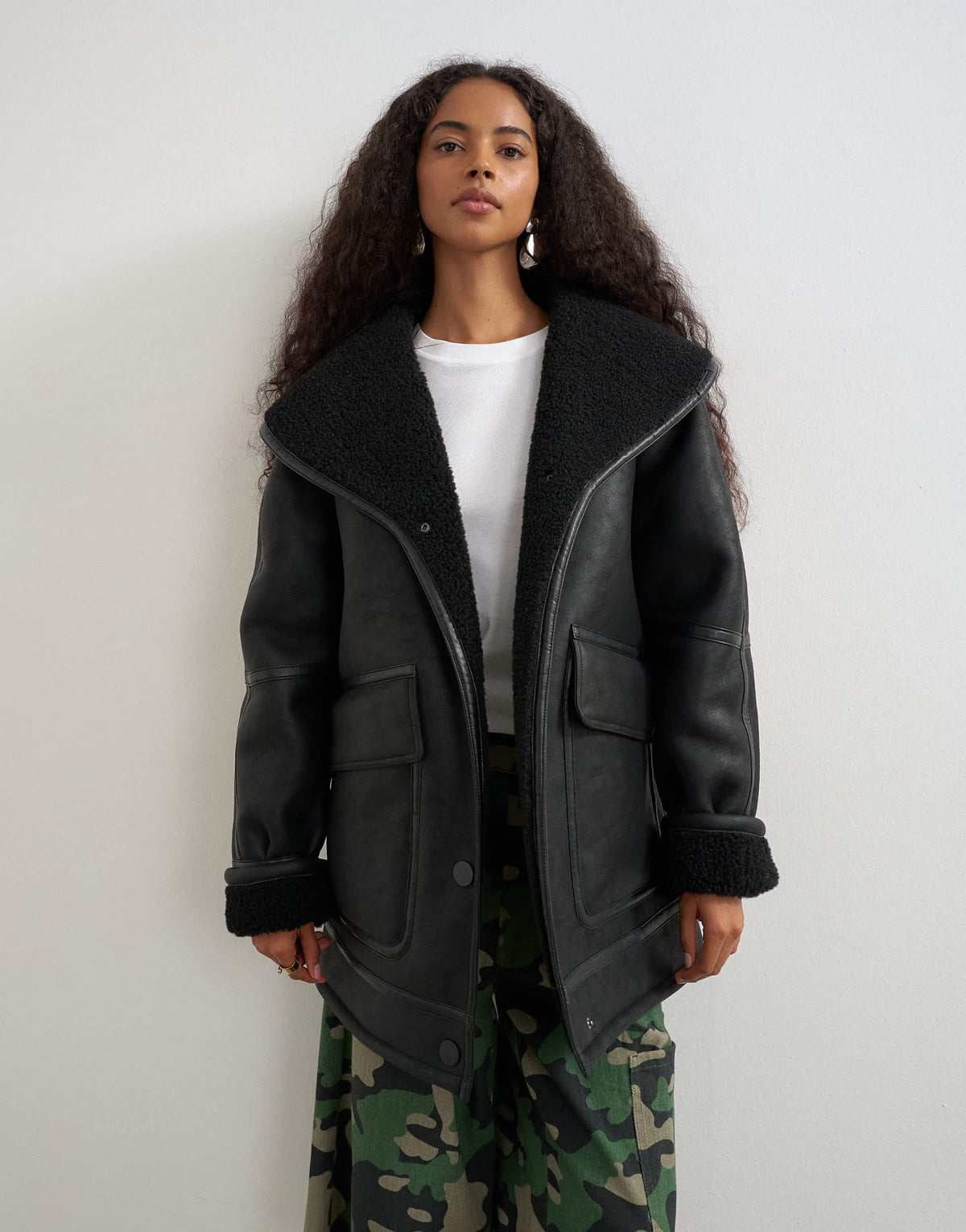 Topshop faux leather shearling jacket with patch pockets in black