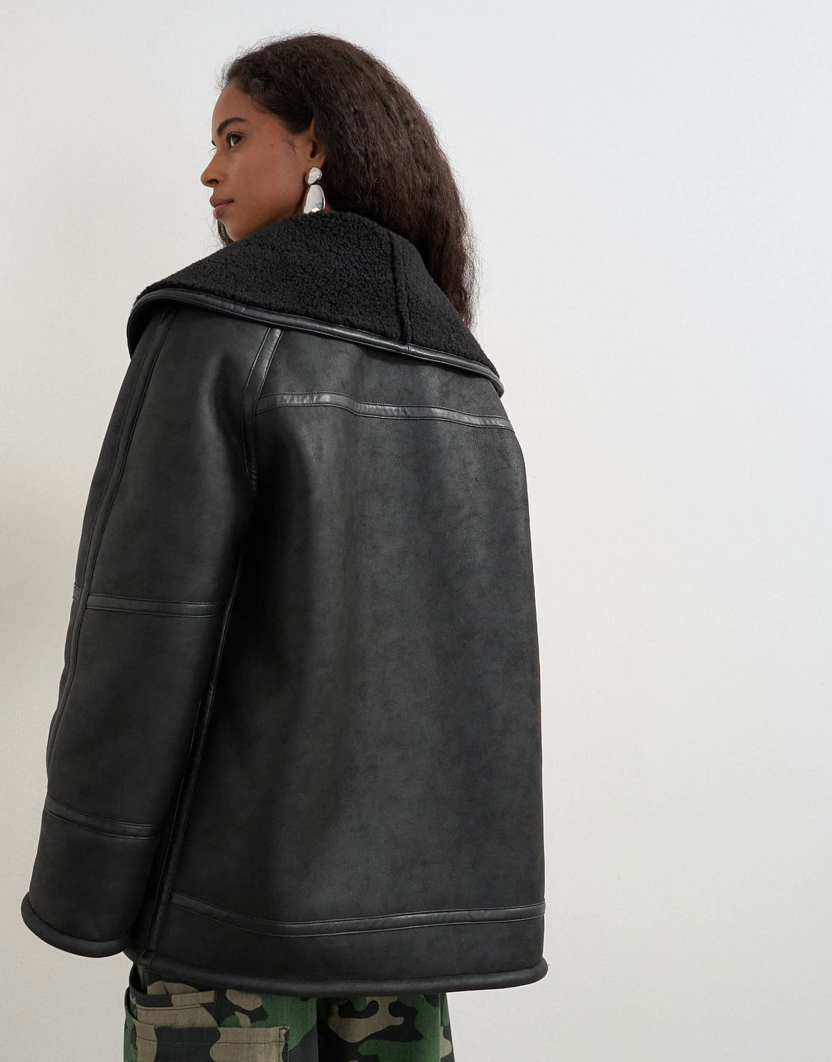 Topshop faux leather shearling jacket with patch pockets in black