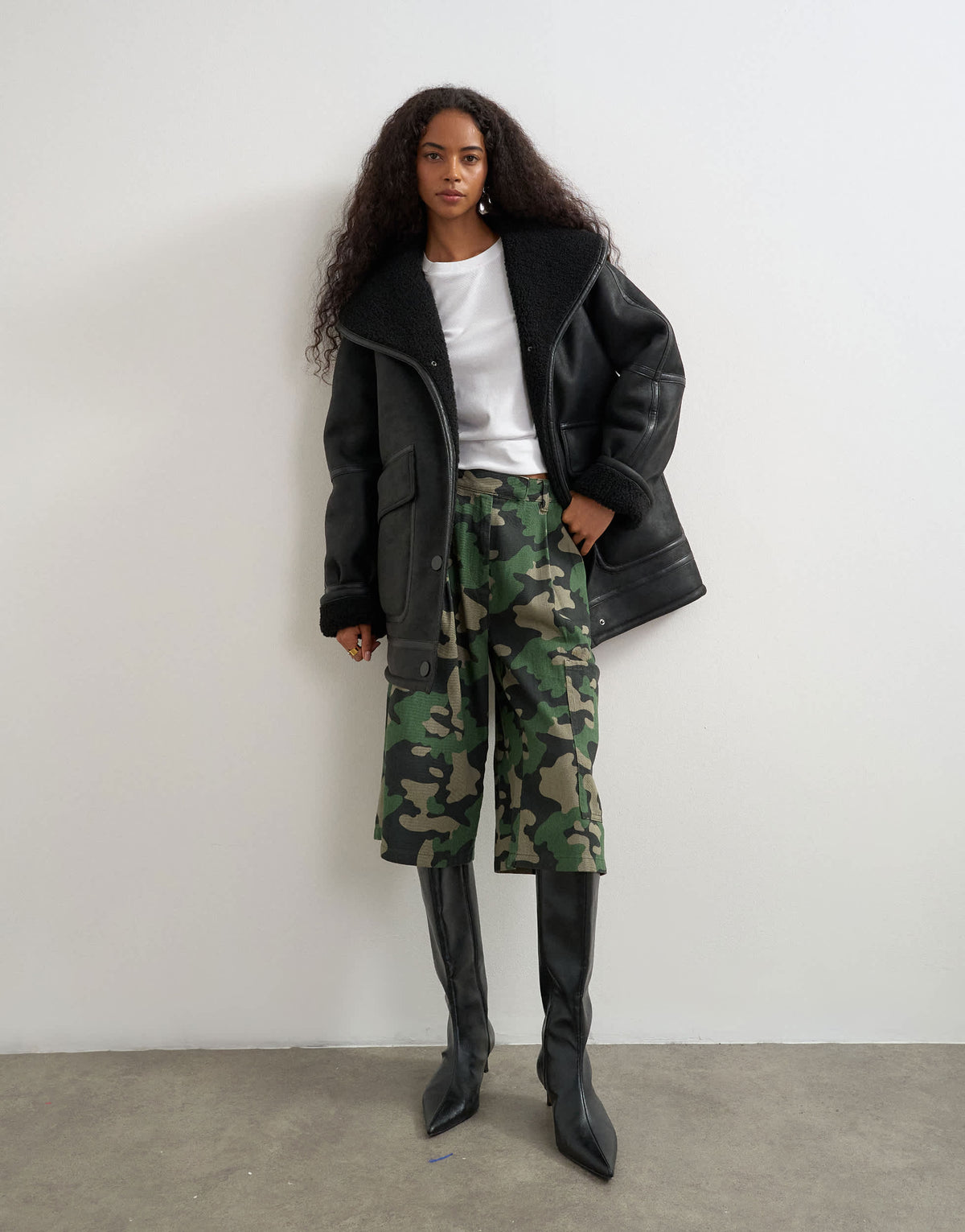Topshop faux leather shearling jacket with patch pockets in black
