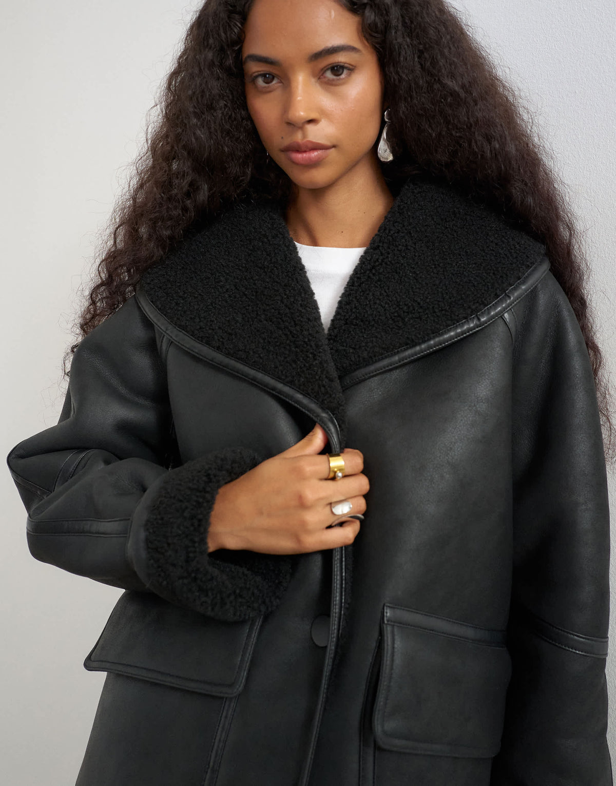 Topshop faux leather shearling jacket with patch pockets in black