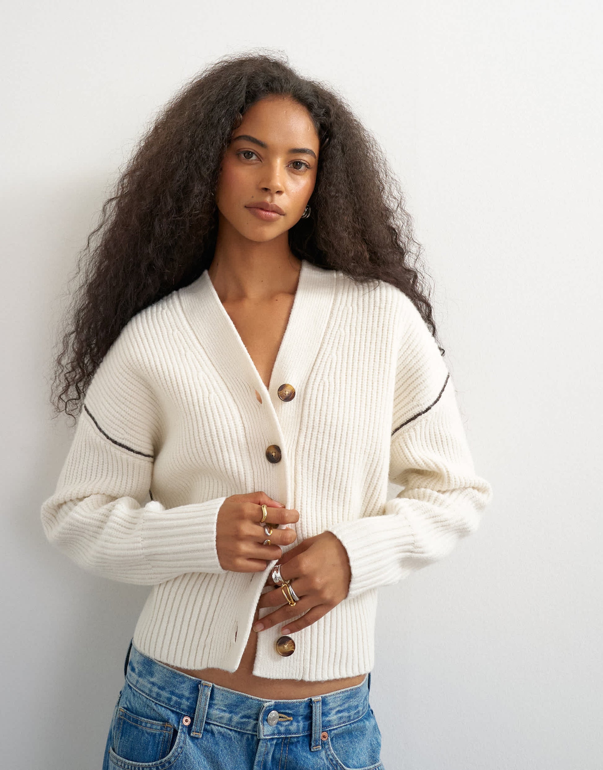 Topshop knitted v neck button front cardigan in ivory