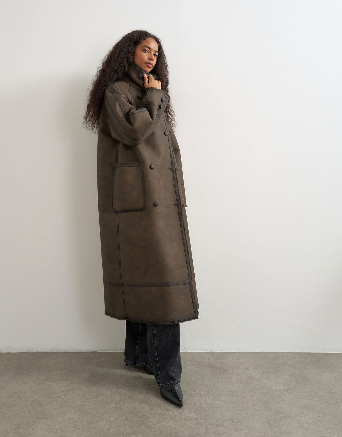 Topshop longline faux leather funnel neck coat in brown