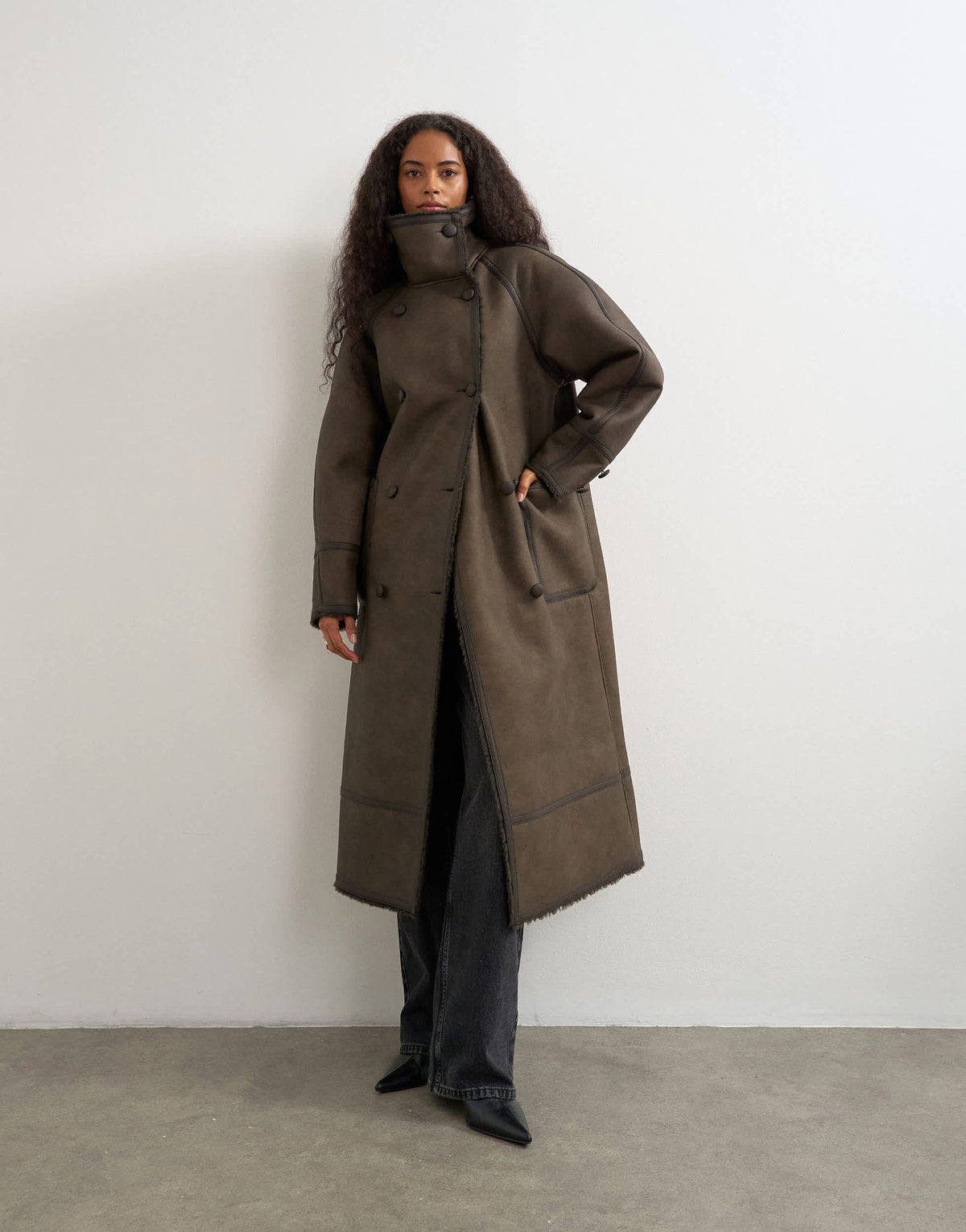 Topshop longline faux leather funnel neck coat in brown