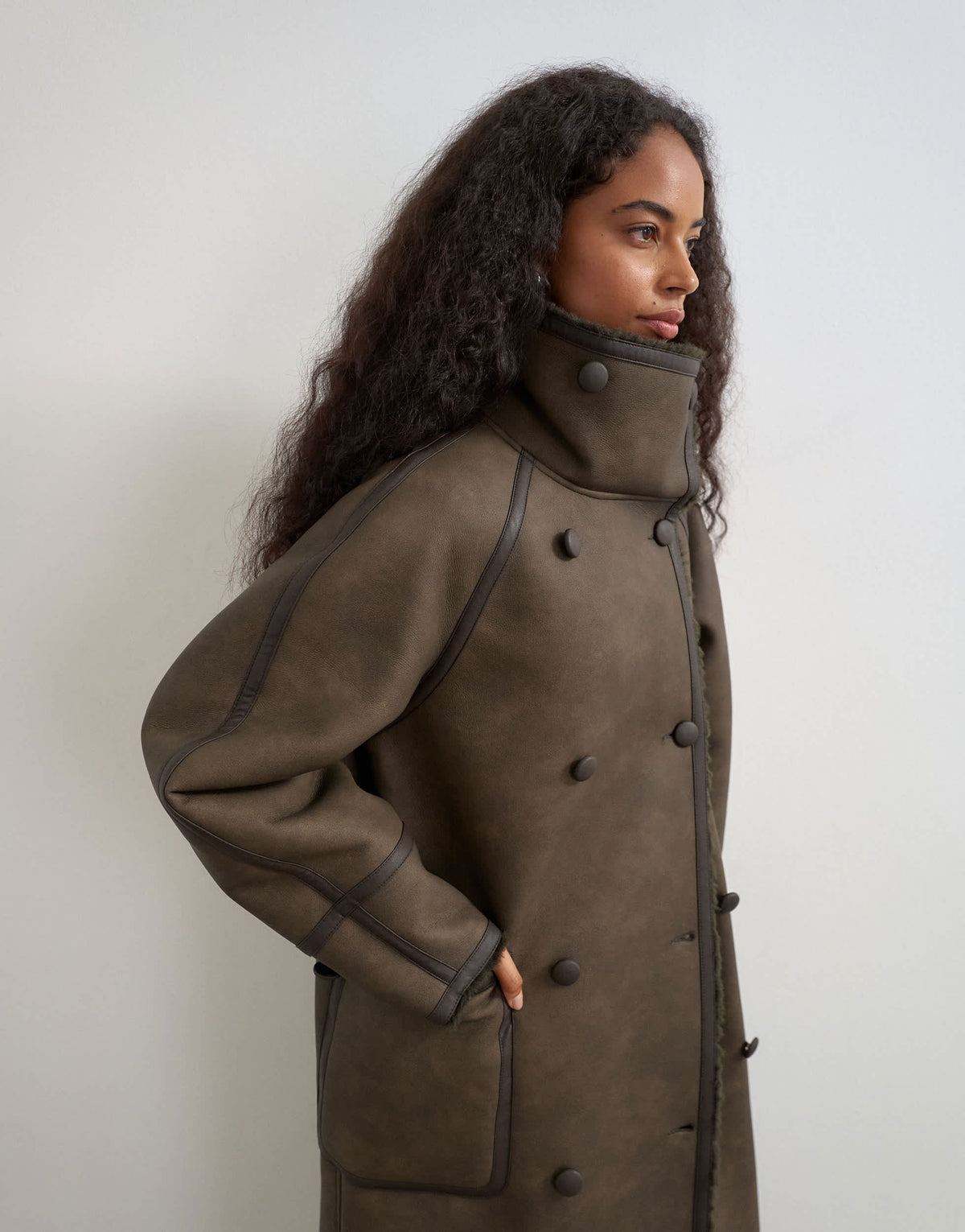 Topshop longline faux leather funnel neck coat in brown