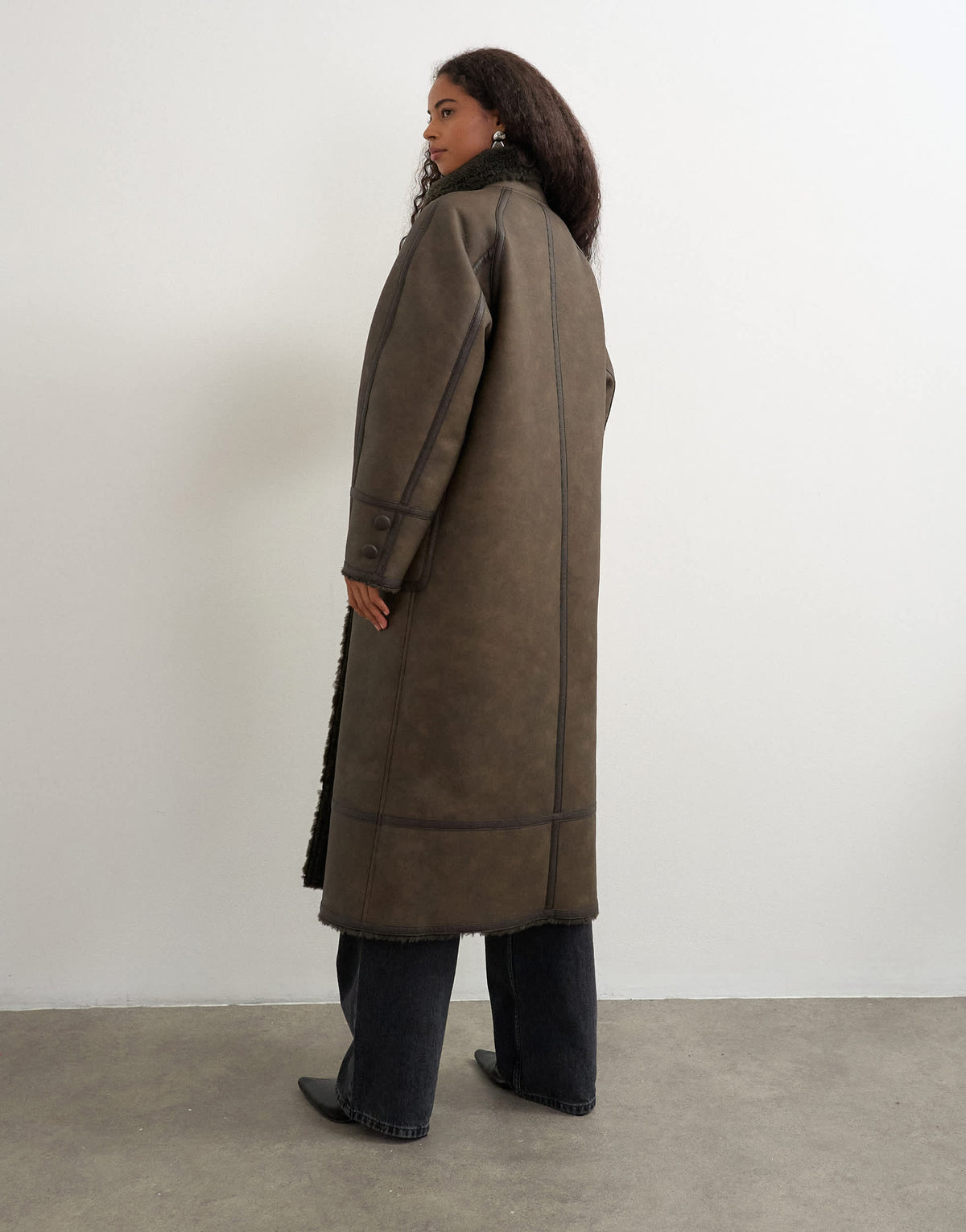 Topshop longline faux leather funnel neck coat in brown