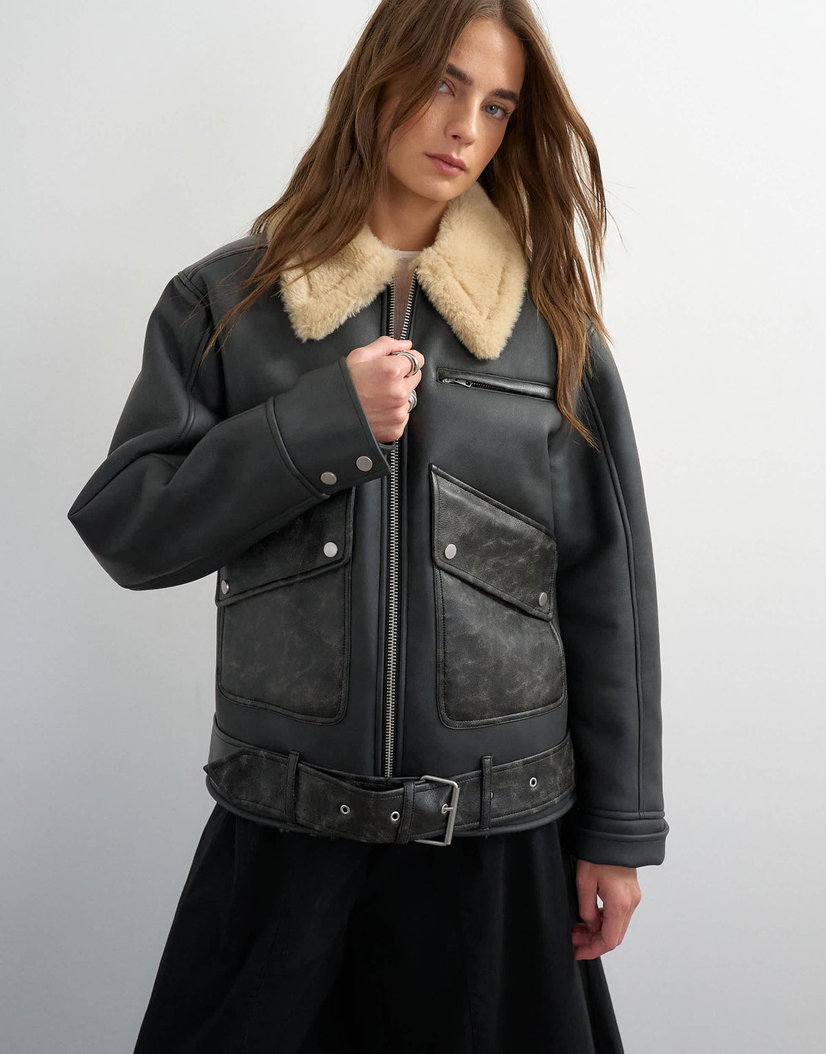 Topshop shearling belted biker jacket in black and cream