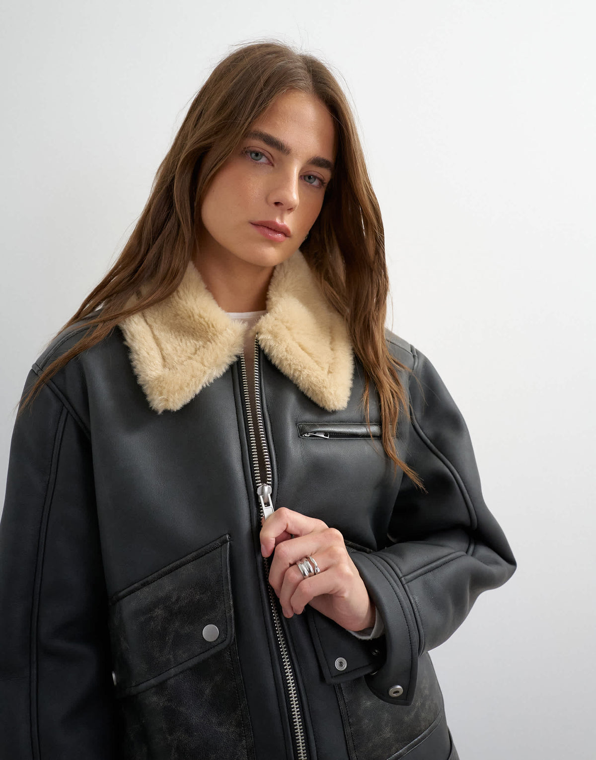 Topshop shearling belted biker jacket in black and cream