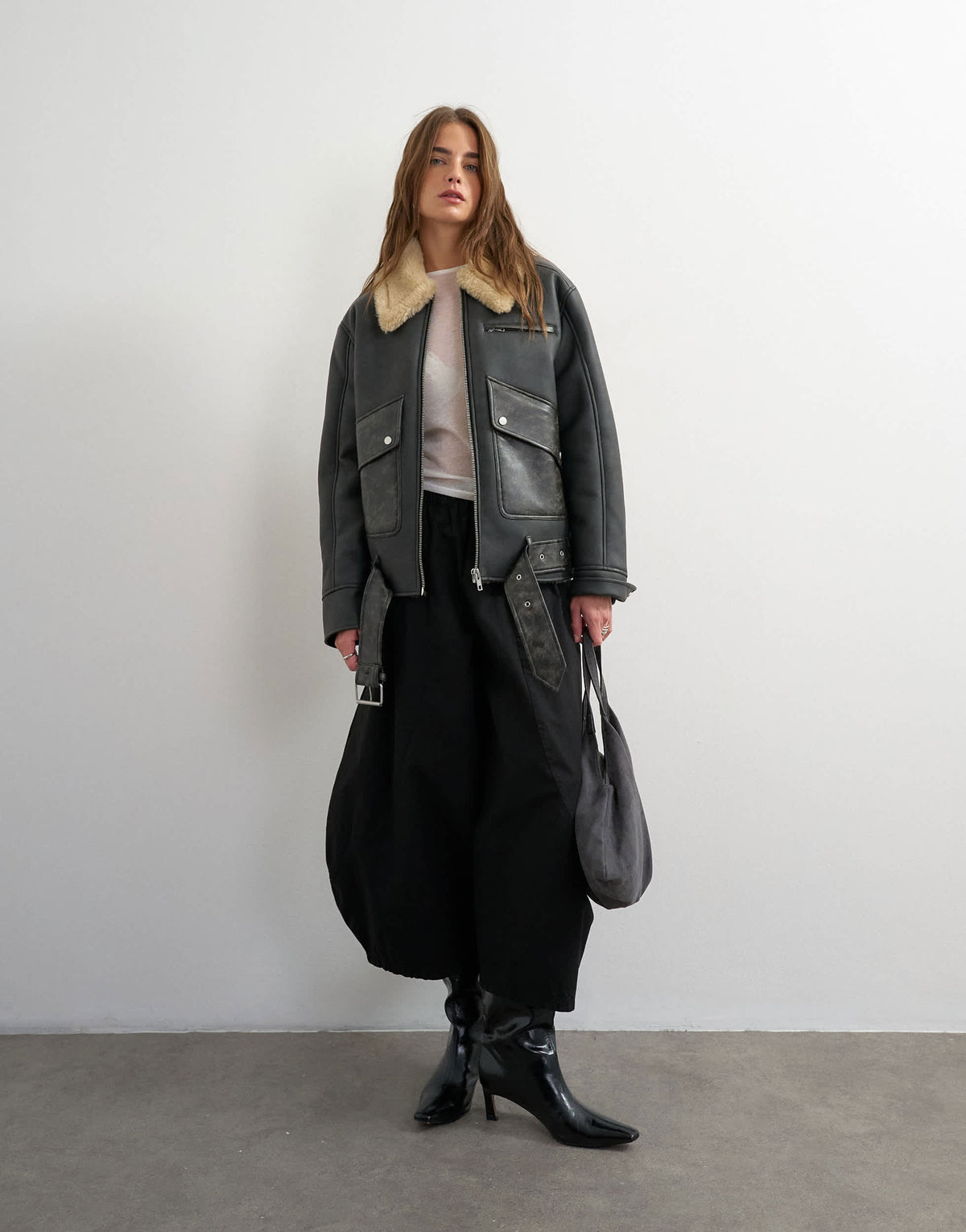 Topshop shearling belted biker jacket in black and cream