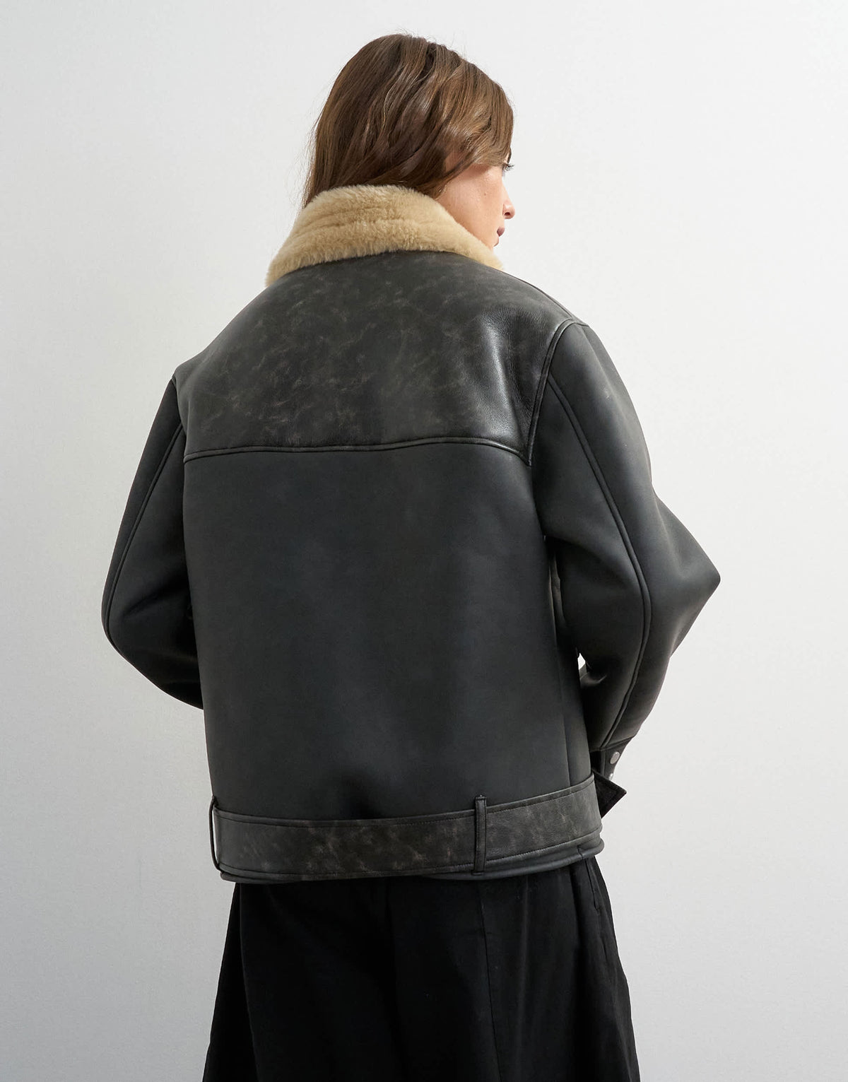 Topshop shearling belted biker jacket in black and cream