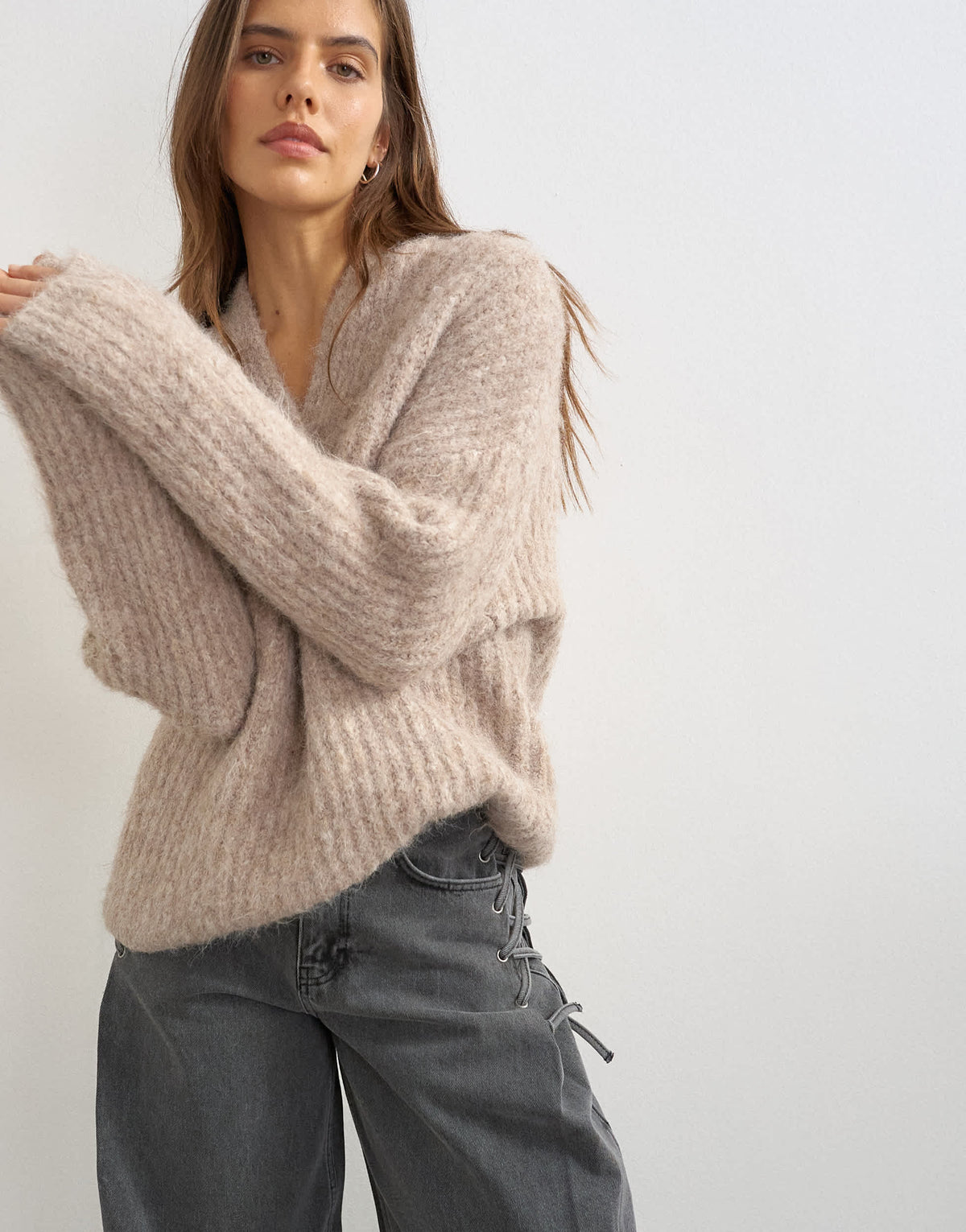 Topshop knitted chunky shawl collar jumper in oat