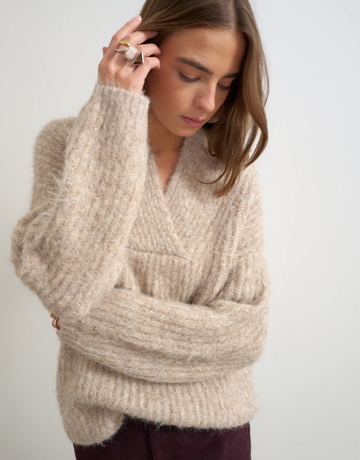 Topshop knitted chunky shawl collar jumper in oat