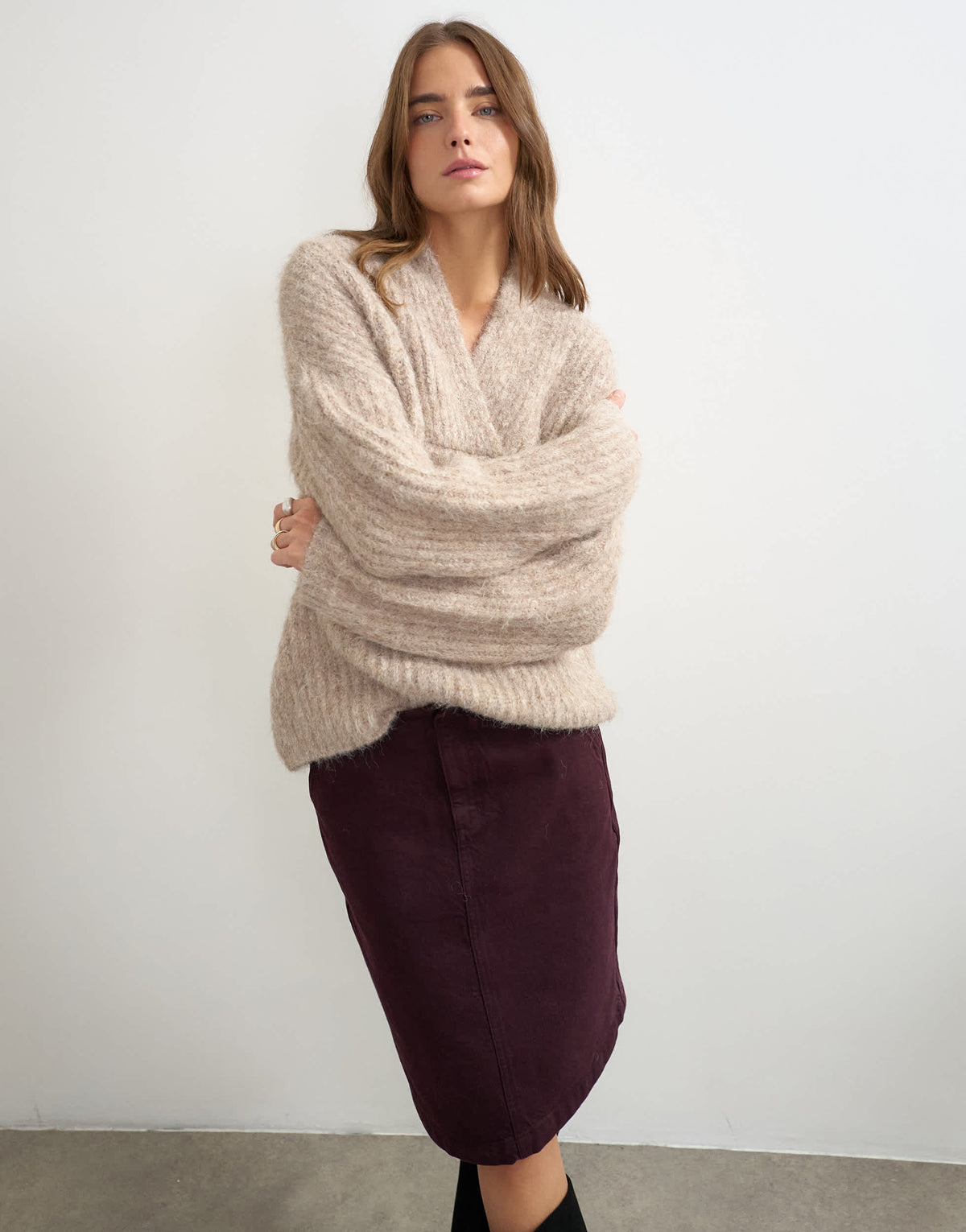 Topshop knitted chunky shawl collar jumper in oat