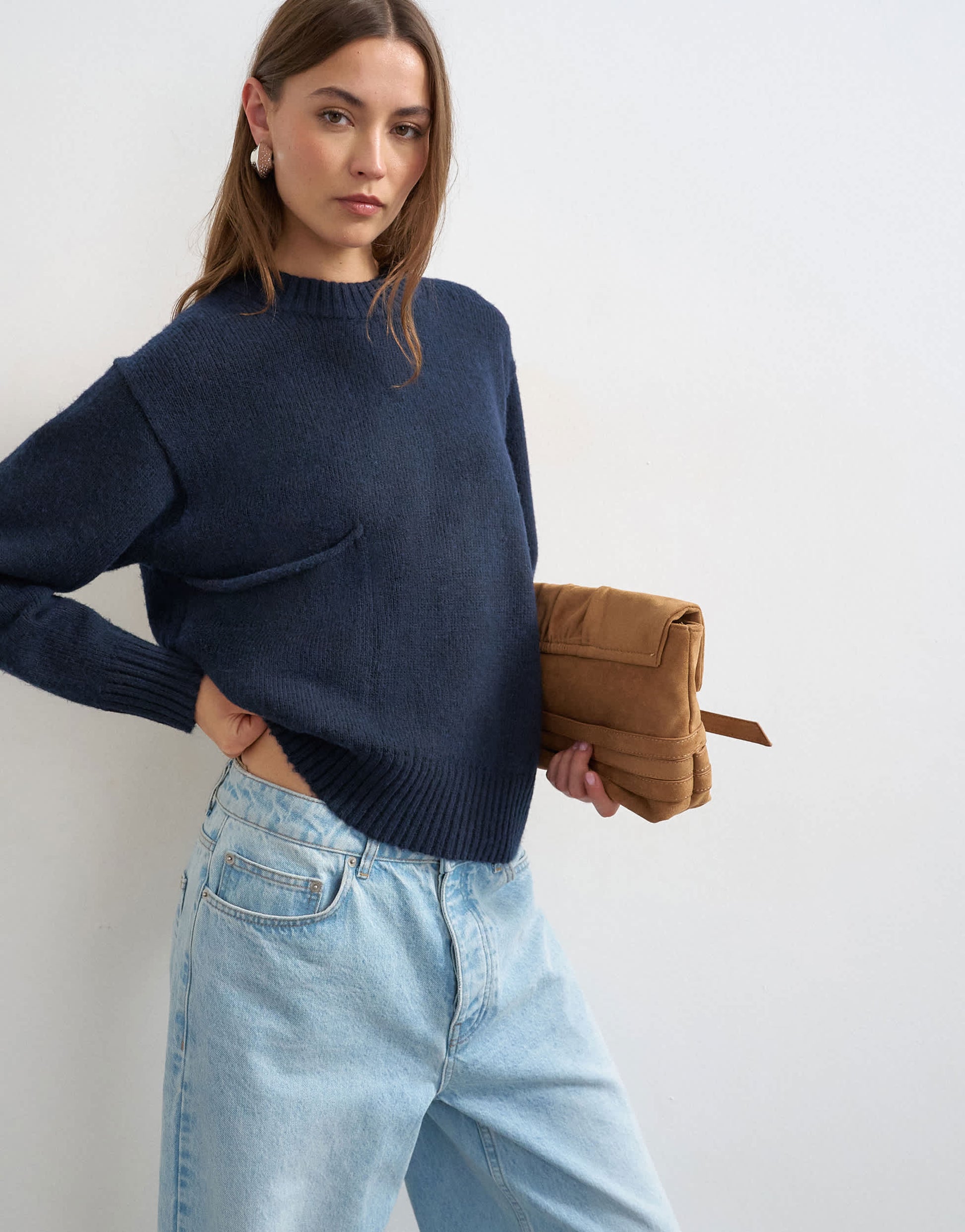 Topshop knitted pocket jumper in midnight