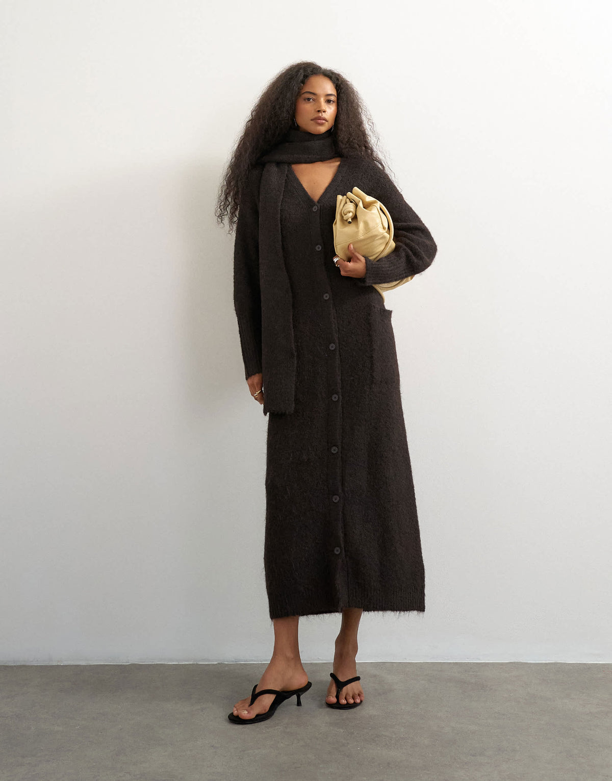 Topshop knitted maxi cardigan with button detail in tobacco