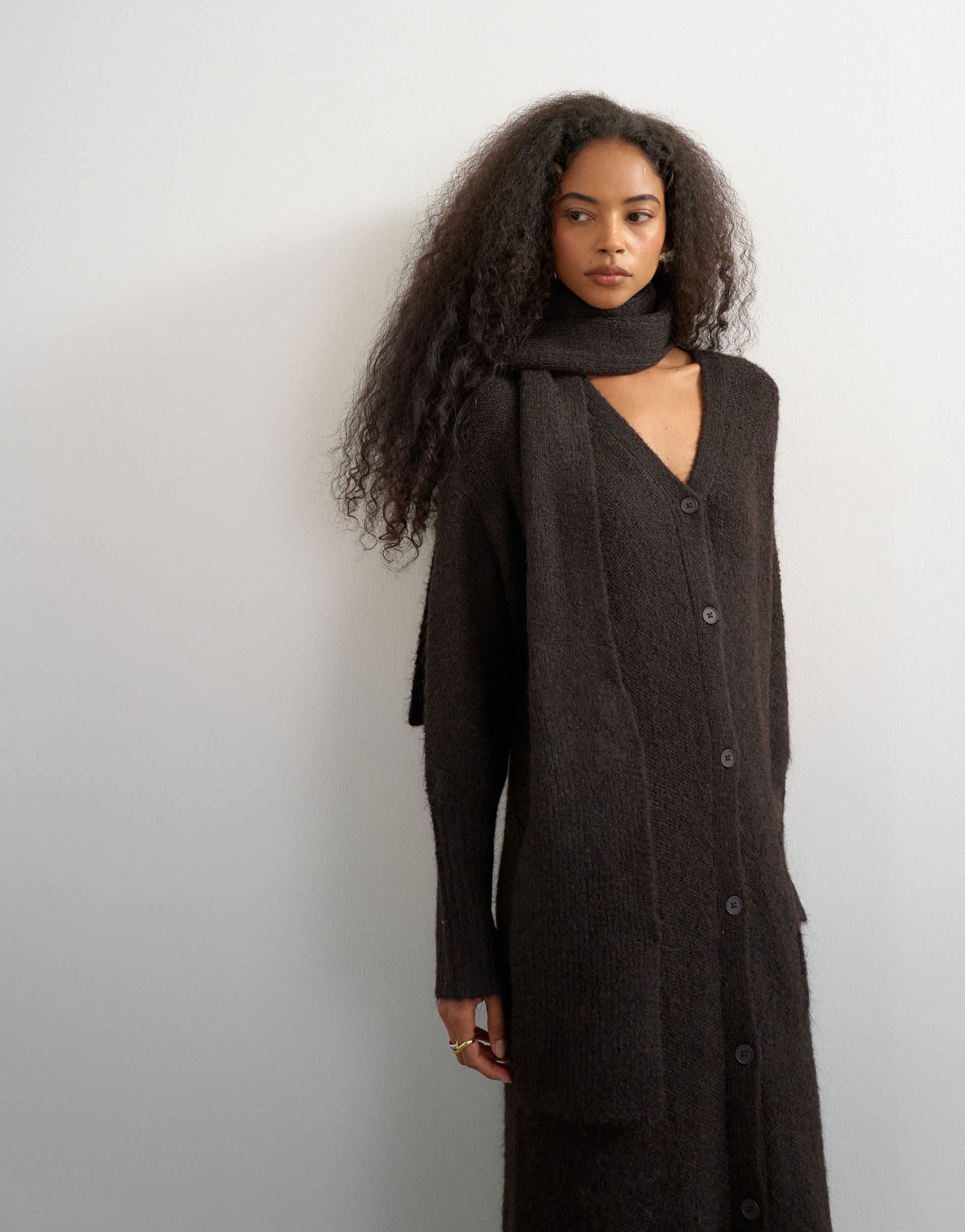 Topshop knitted maxi cardigan with button detail in tobacco