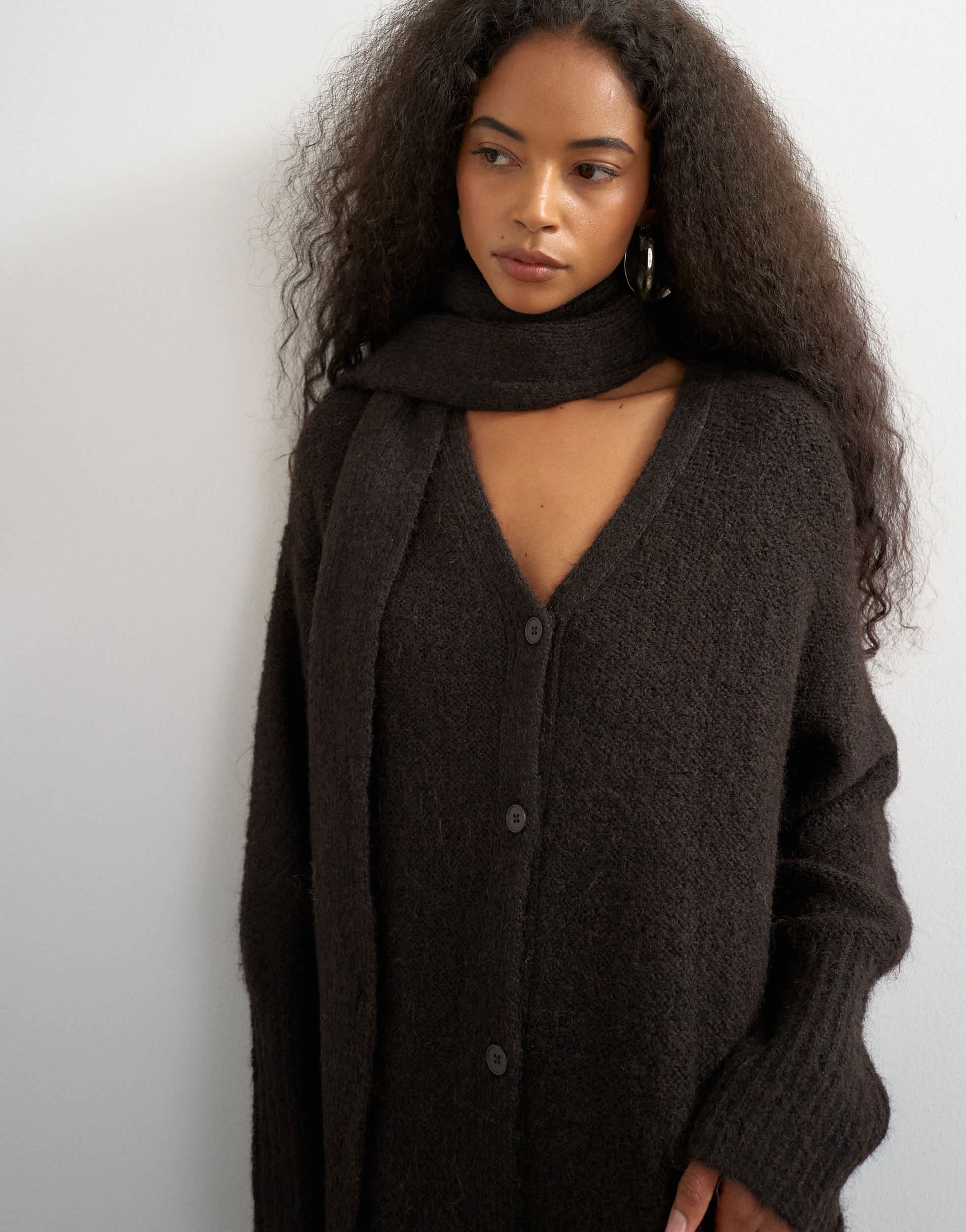 Topshop knitted maxi cardigan with button detail in tobacco