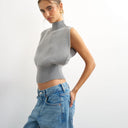 Topshop knitted sculpted sleeveless funnel neck jumper in grey