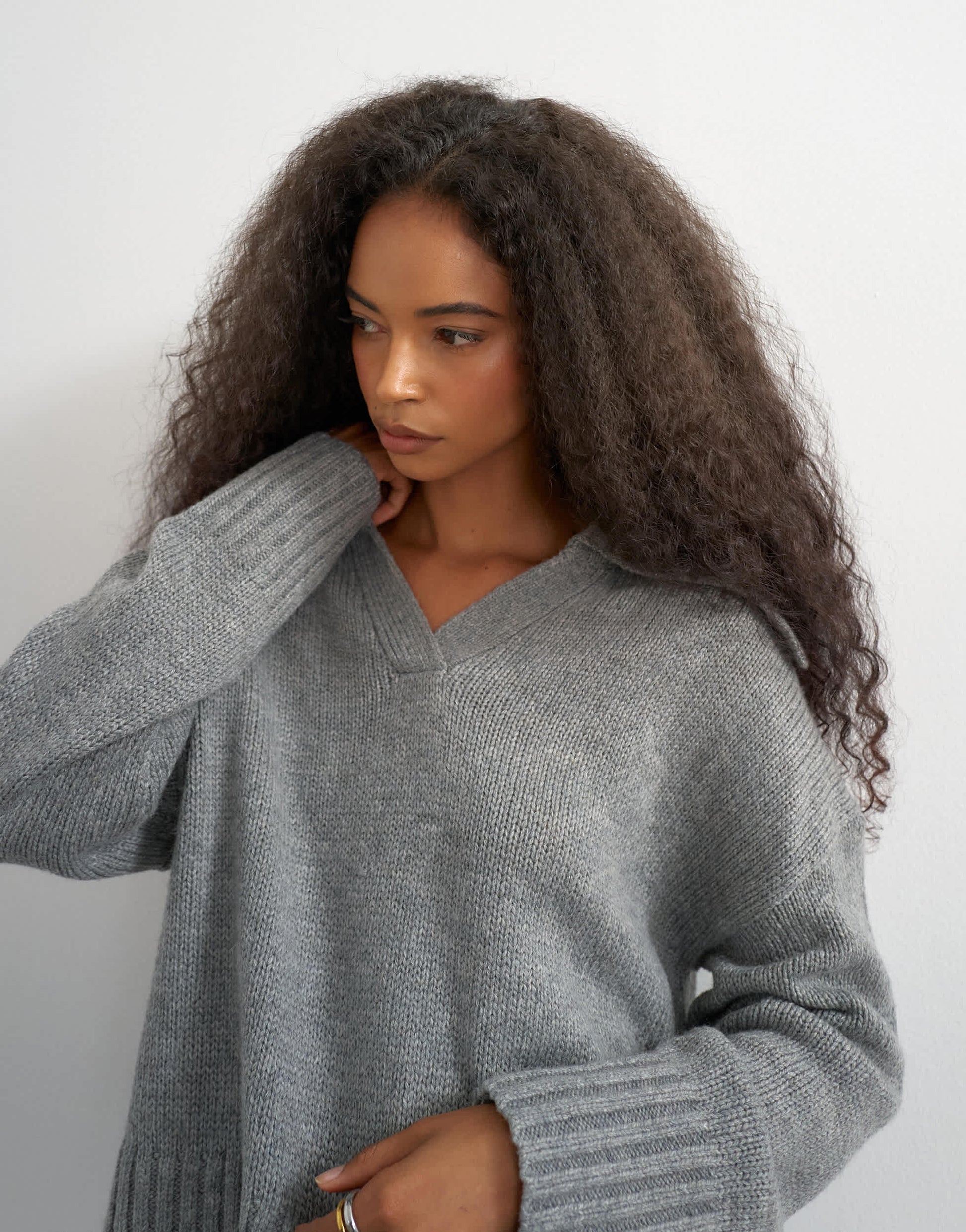 Topshop knitted curved hem collared polo jumper with wool in charcoal