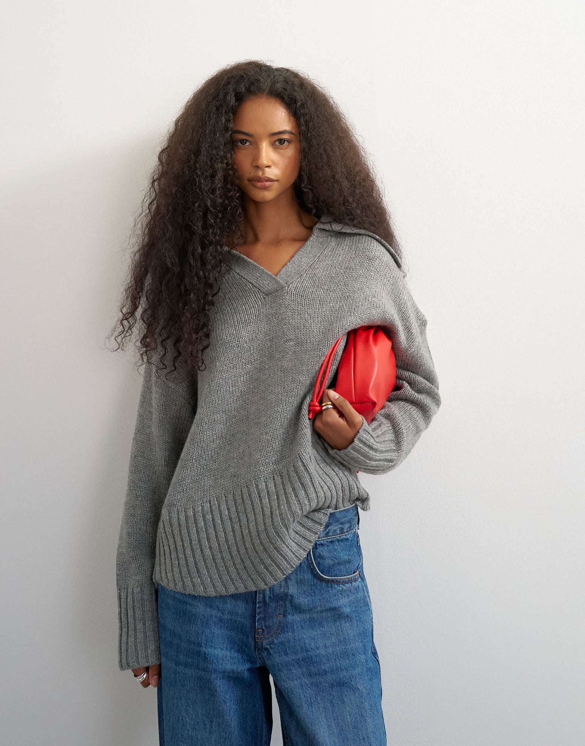 Topshop knitted curved hem collared polo jumper with wool in charcoal
